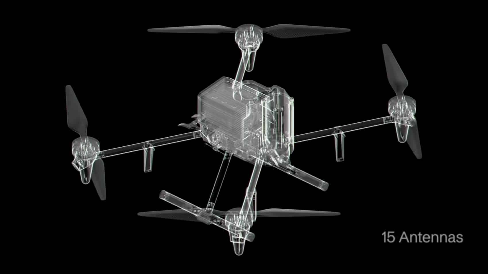 Wireframe render of a quadcopter annotated with a 15 antennas label.