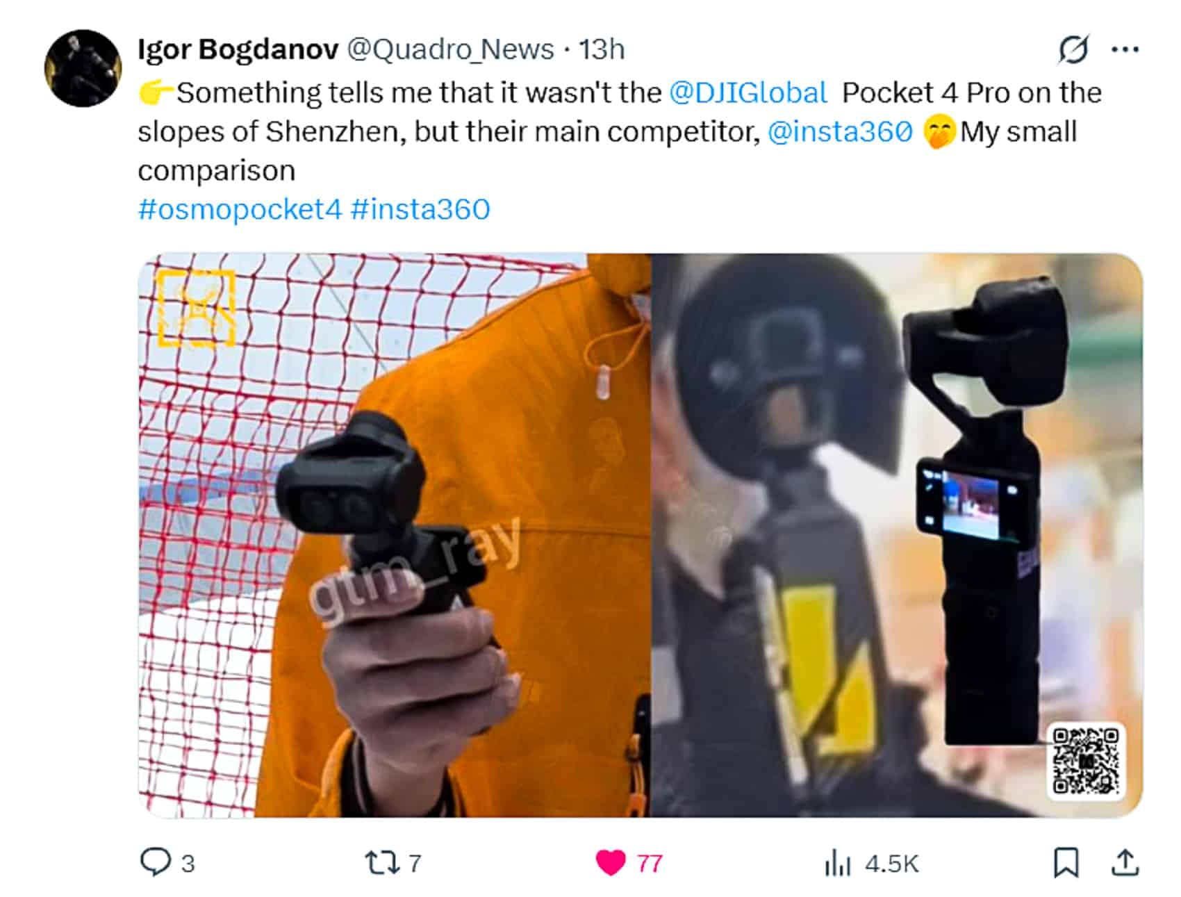 Screenshot of an X post comparing two pocket gimbal cameras side by side.