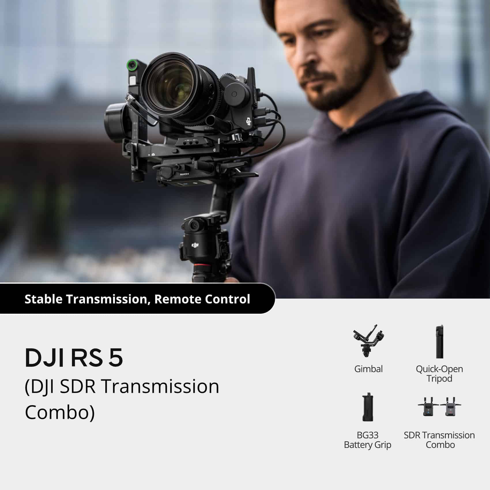 The DJI RS 5 paired with the SDR Transmission Combo.