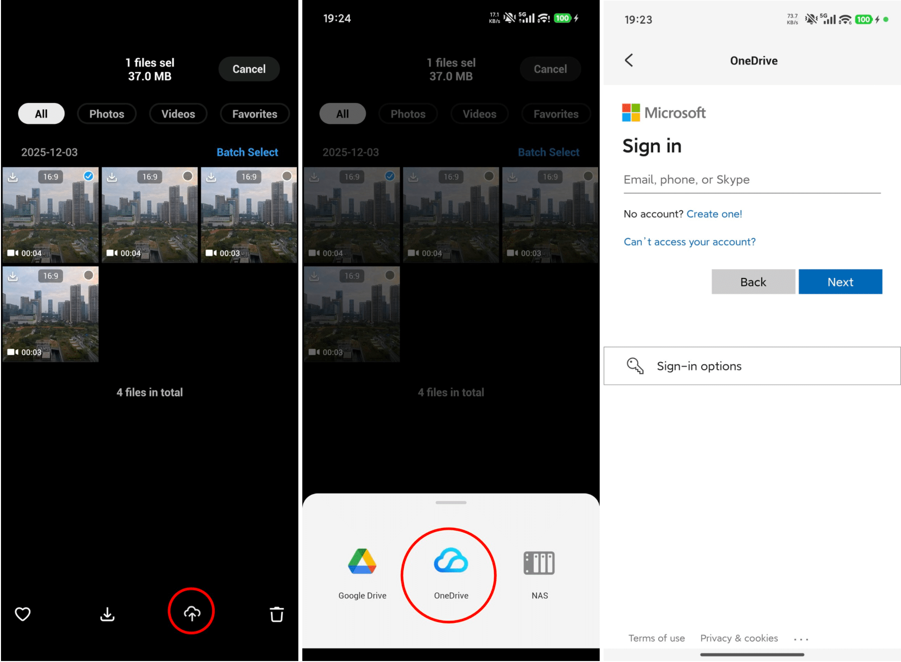 Screenshots showing file selection, cloud service choice and a Microsoft sign-in prompt.