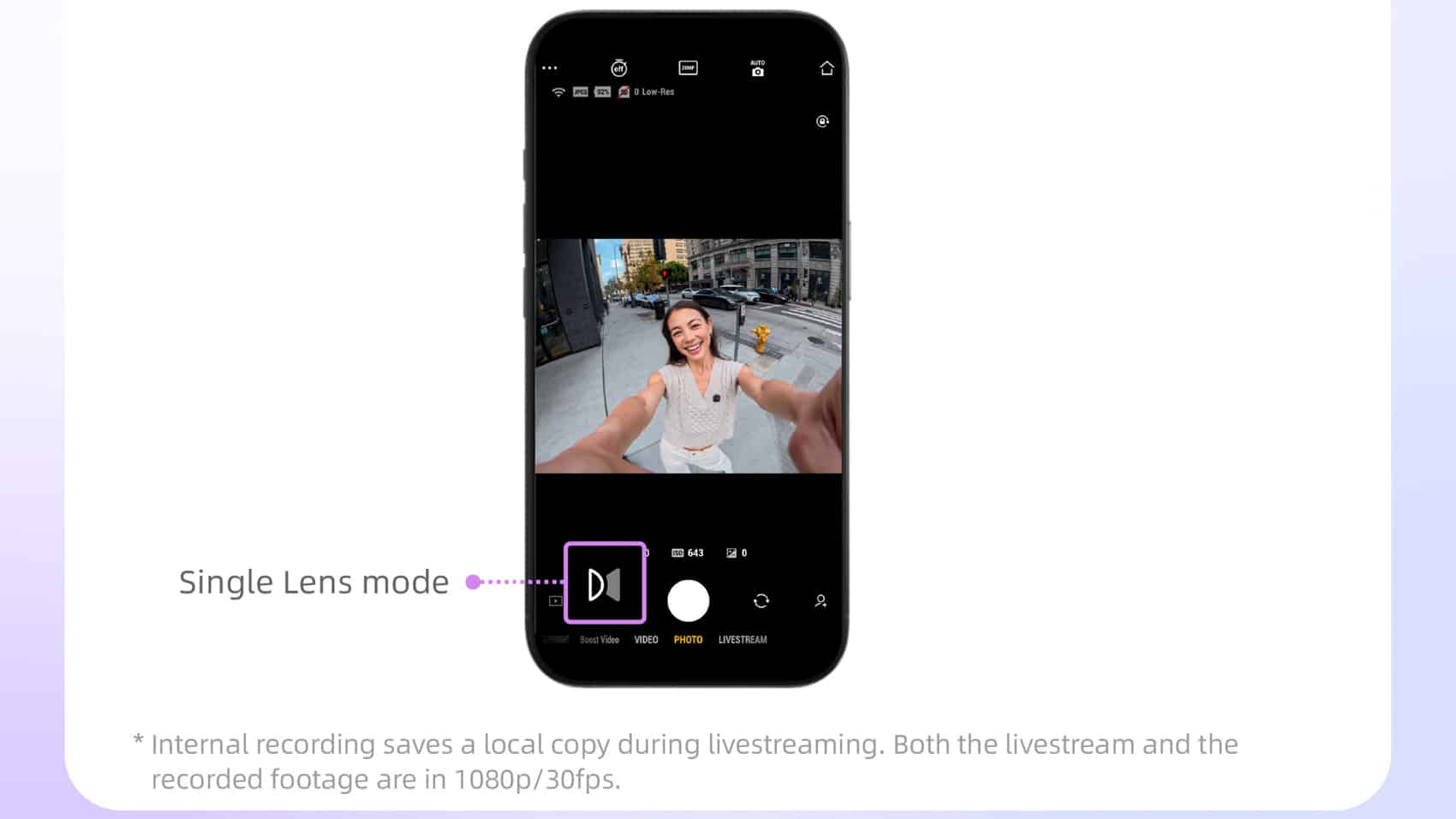 Osmo 360 livestreaming feature that switches between front and rear lenses in DJI Mimo.