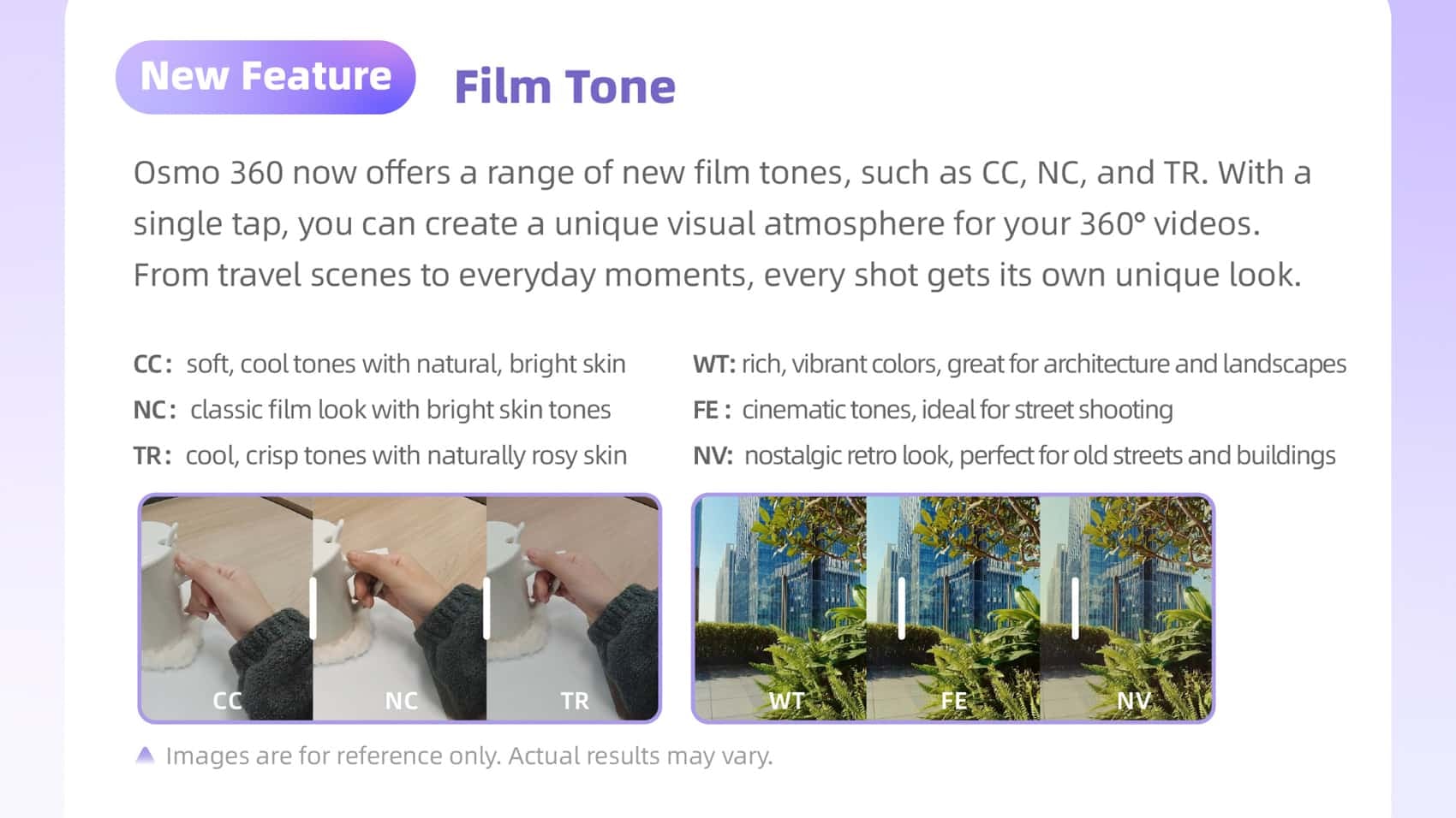 Film Tone color profile samples added to the DJI Osmo 360 by the firmware update.