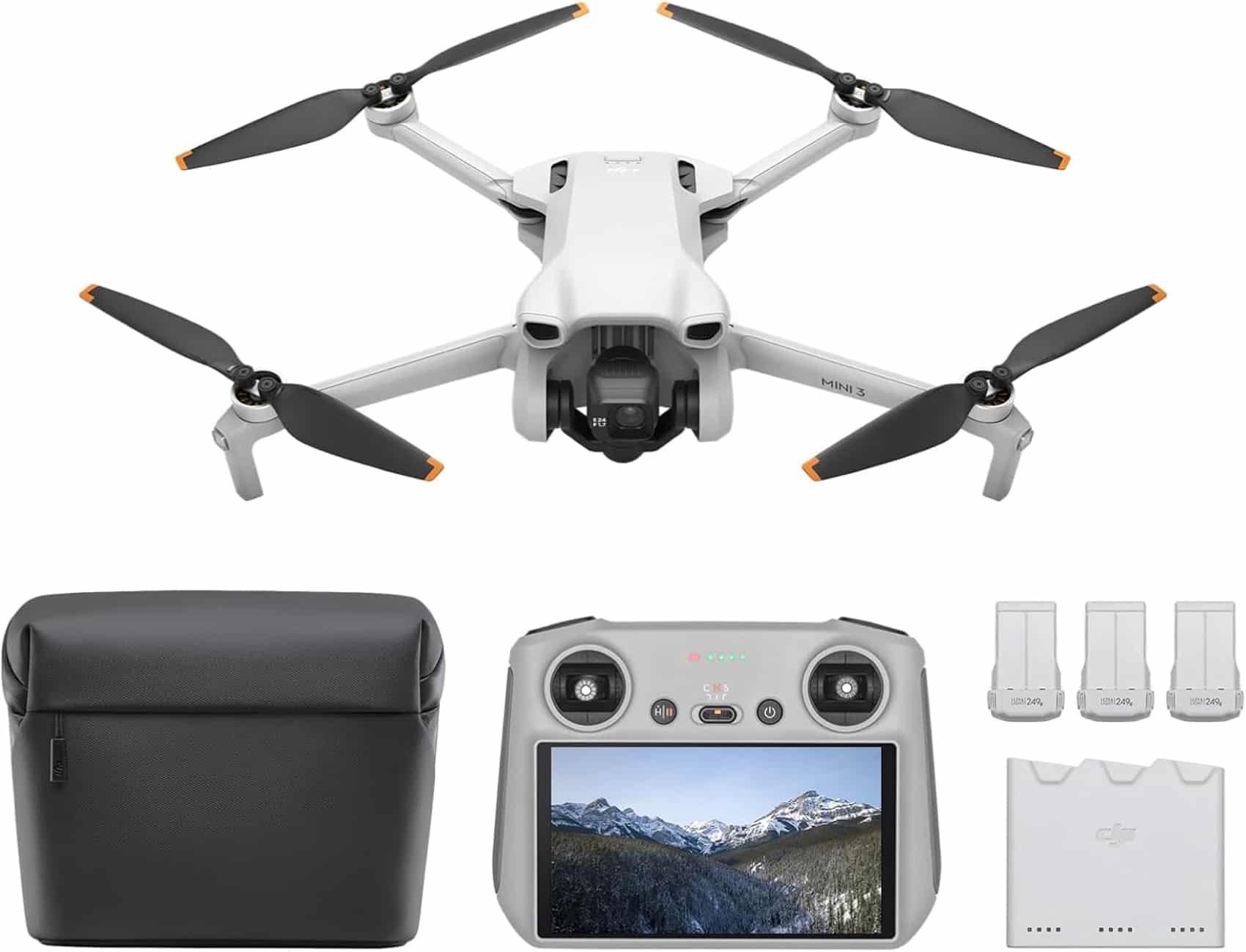 DJI Mini 3 Fly More Combo with spare batteries and a charging hub.