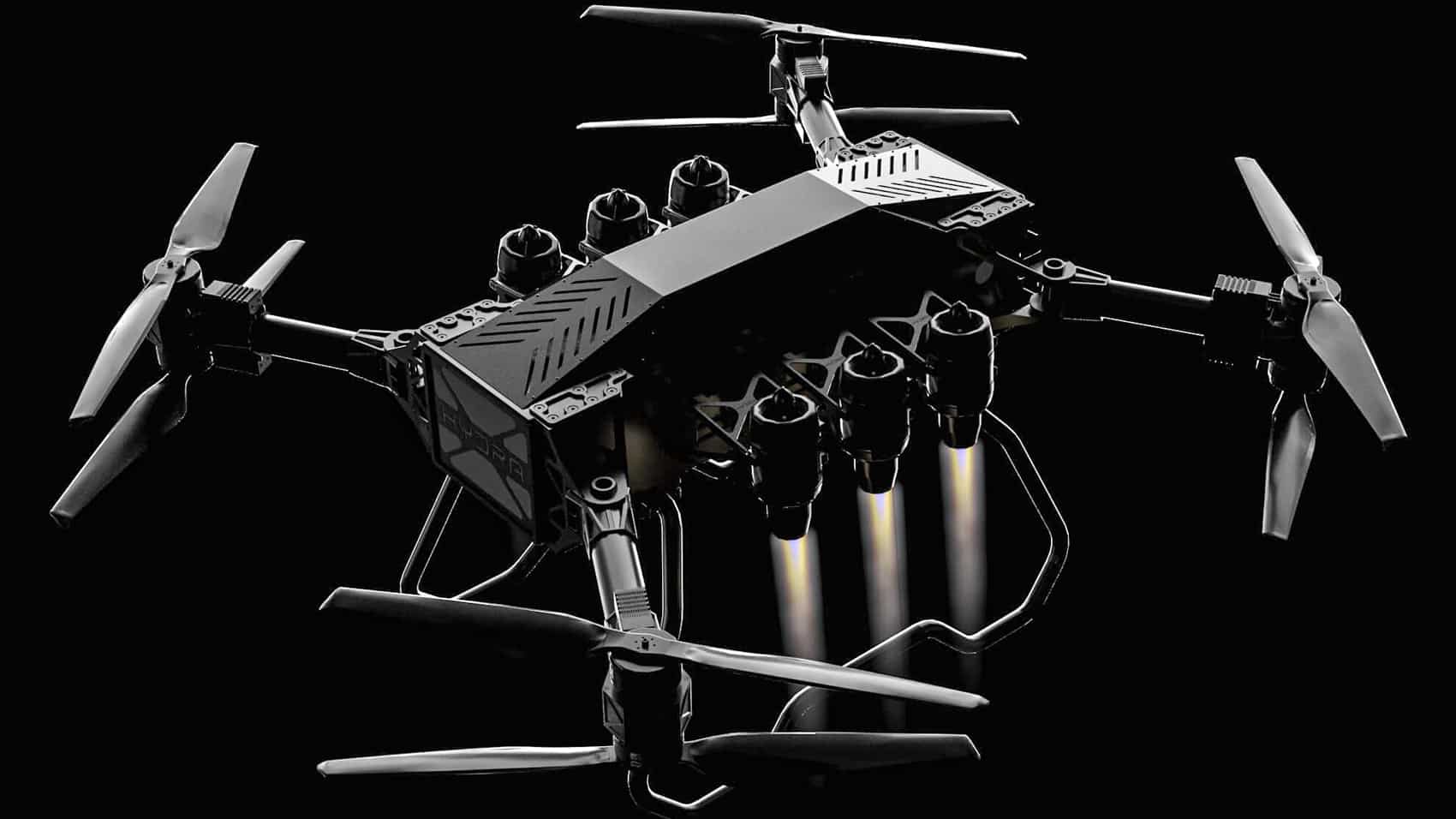A Hydra Drones airframe in the six jet setup rated for 882 pounds (400 kilograms) of lift.