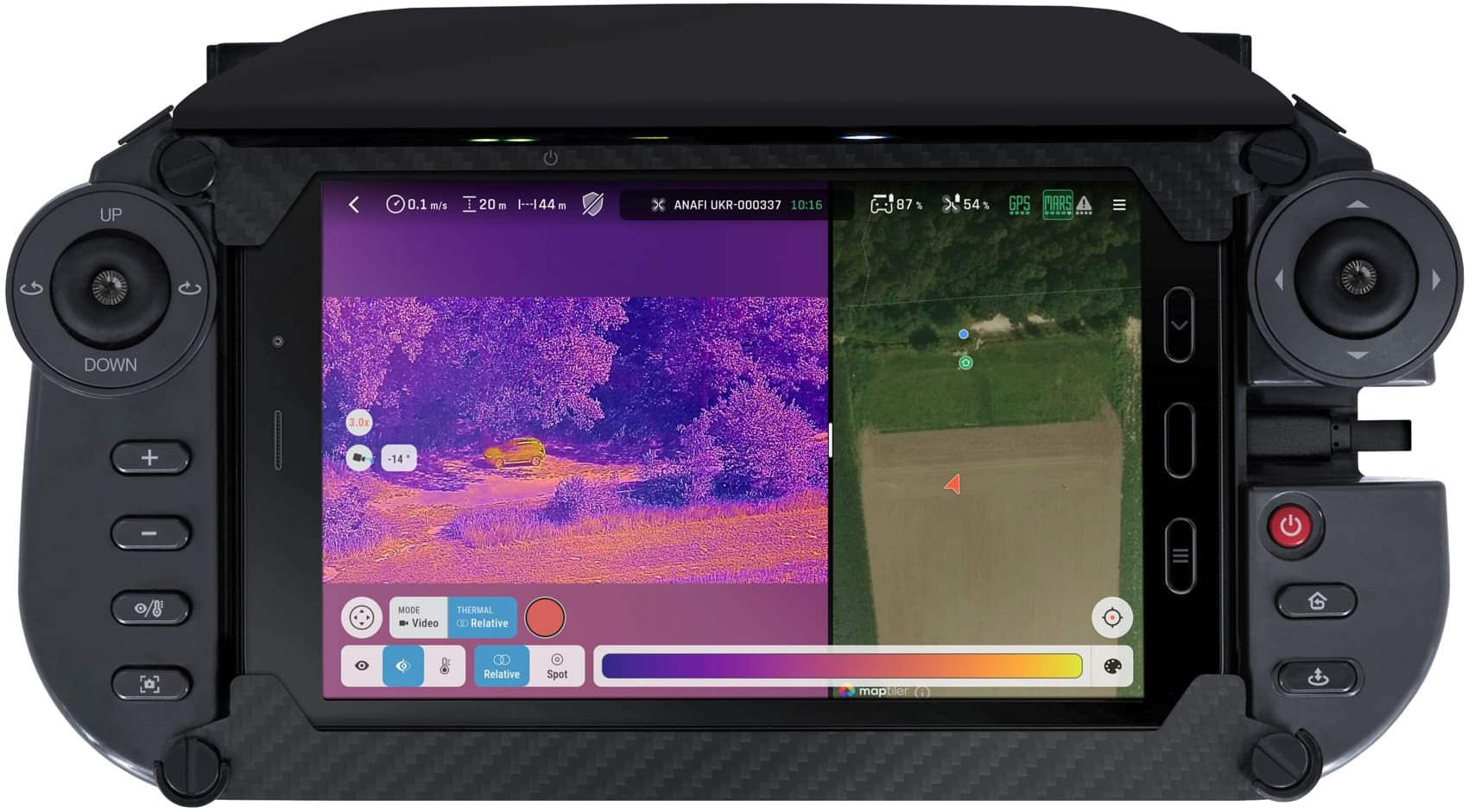 Top down view of the Parrot Skycontroller UKR ground controller.