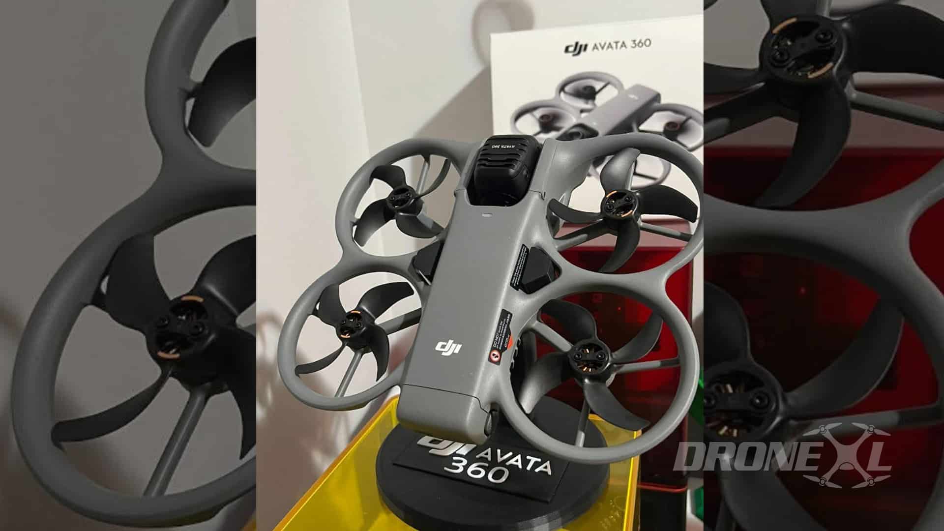 DJI Avata 360 on display with real box in the background.