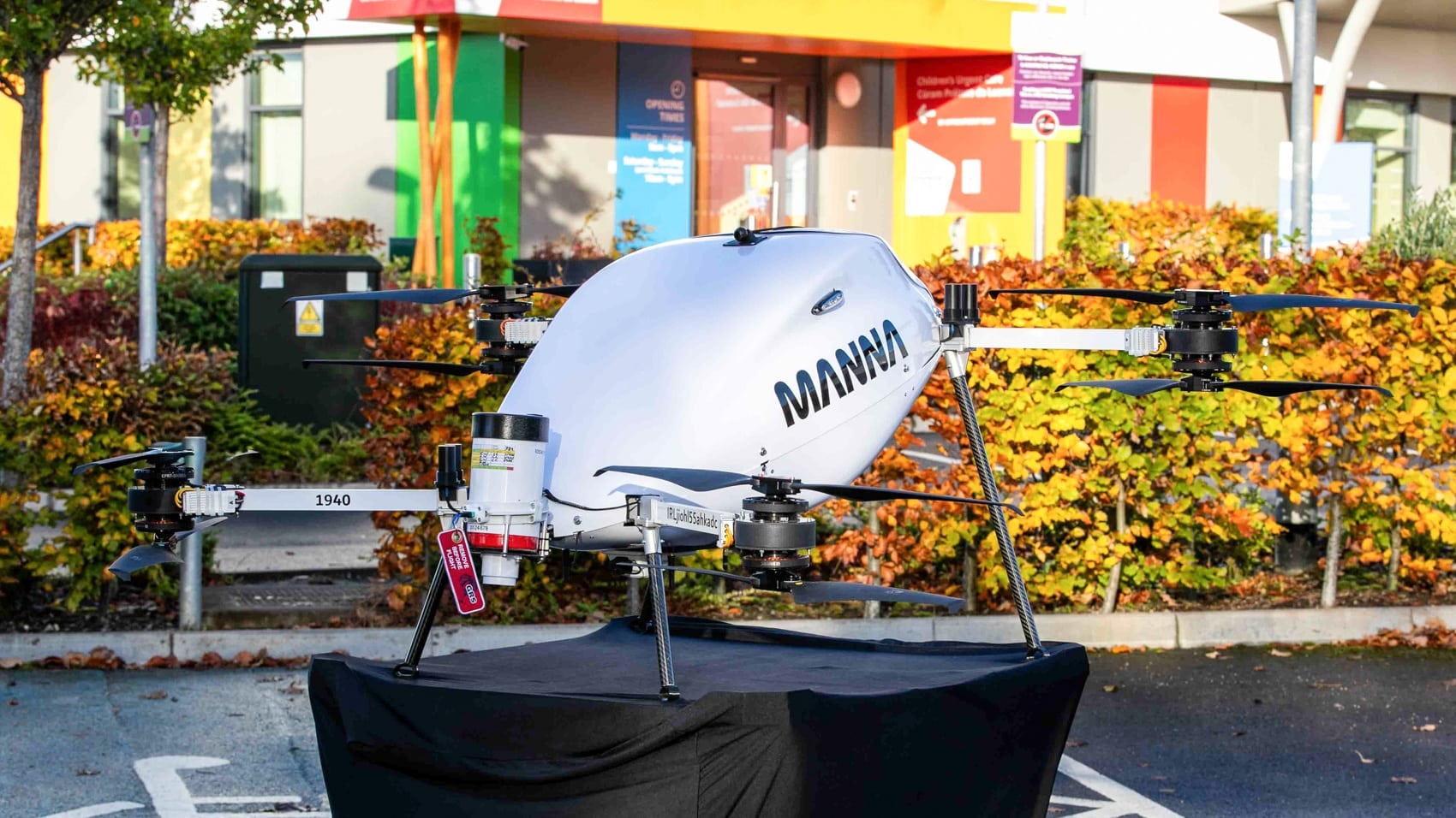 Manna delivery drone in flight over Dublin during the hospital route simulation.