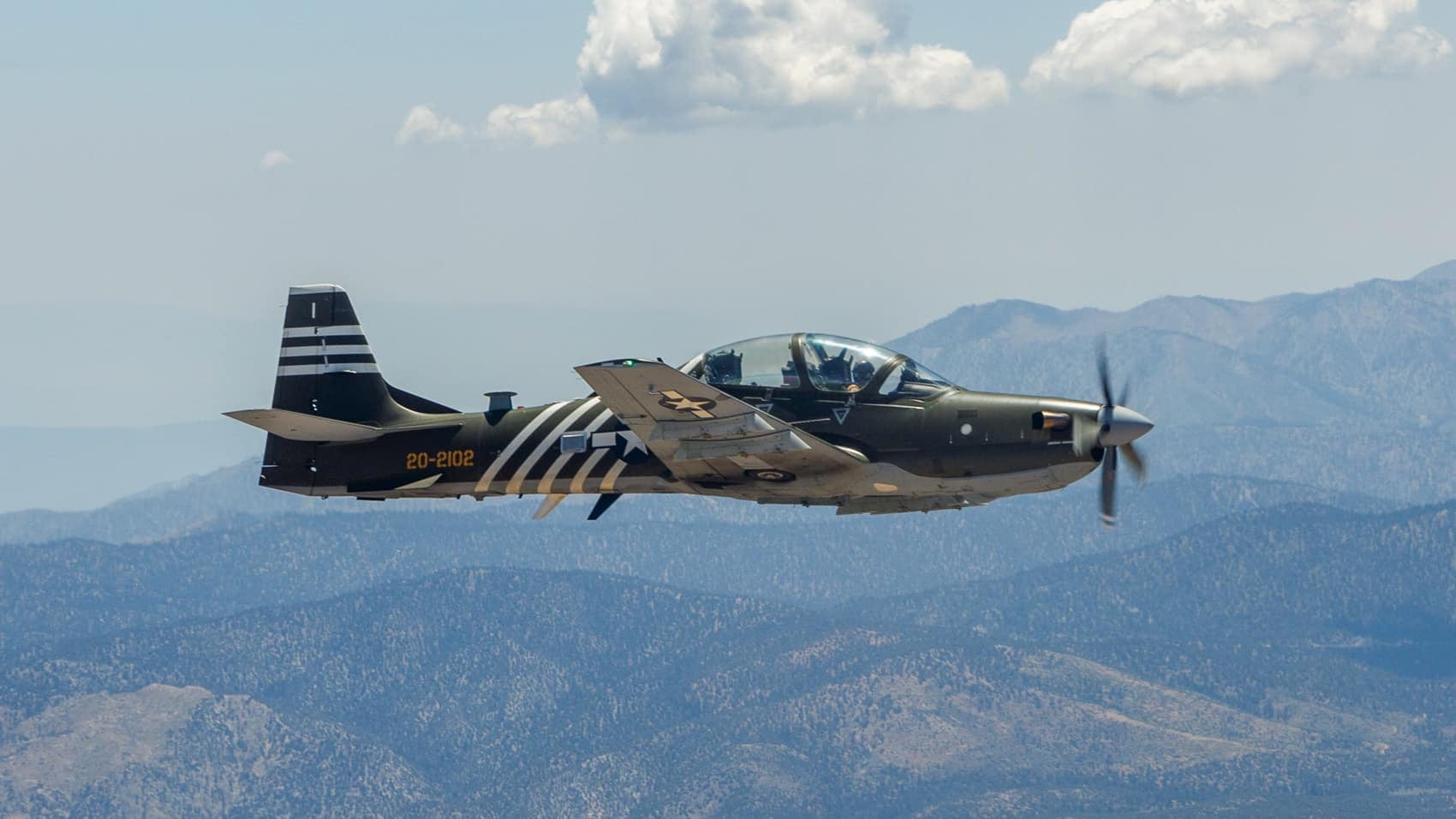 Embraer A-29 Super Tucano light attack turboprop, the platform Valkyrie Aero is fitting with Gunslinger AI.