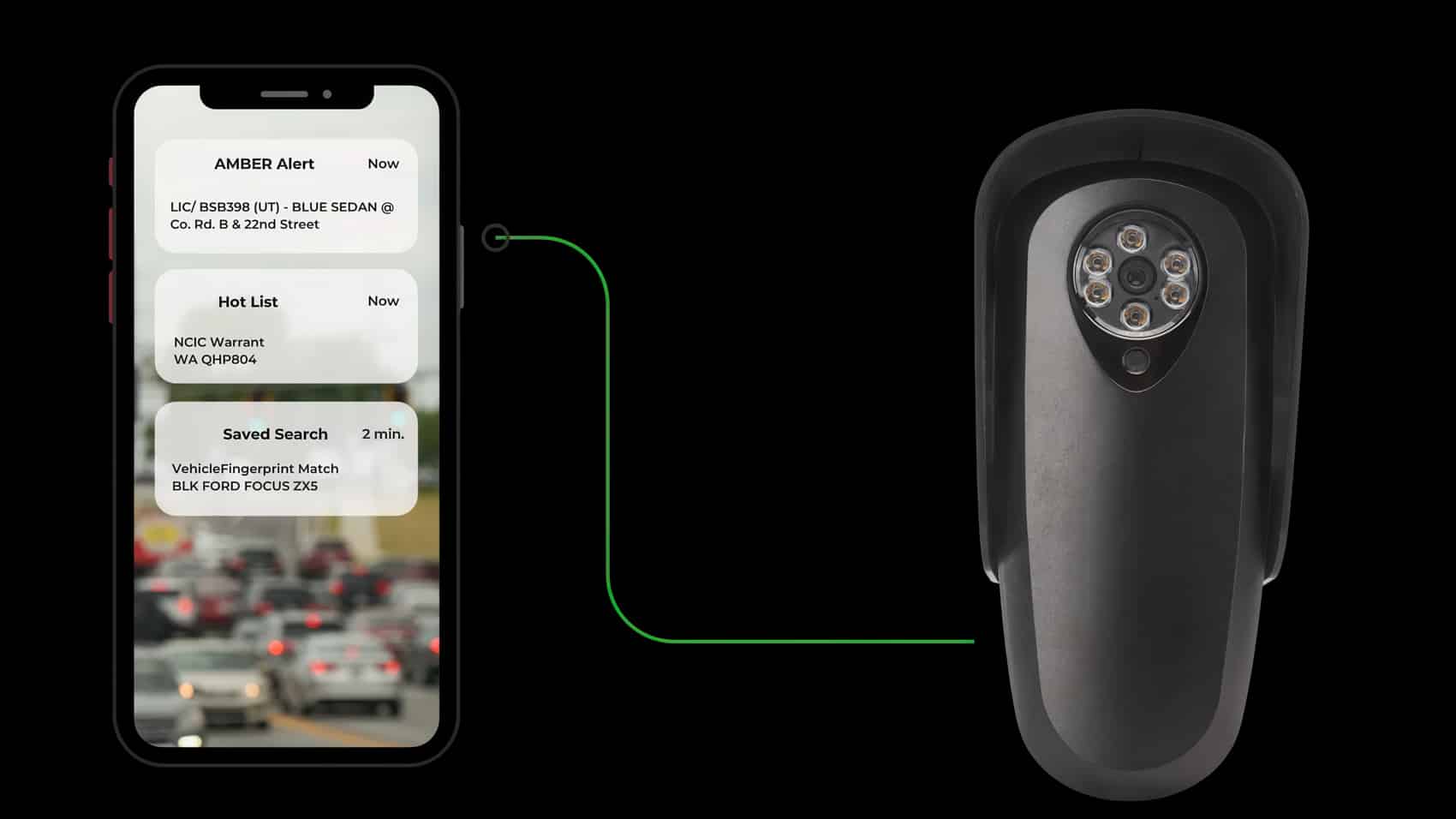 A phone showing plate reader alerts connected to a black Flock camera unit.