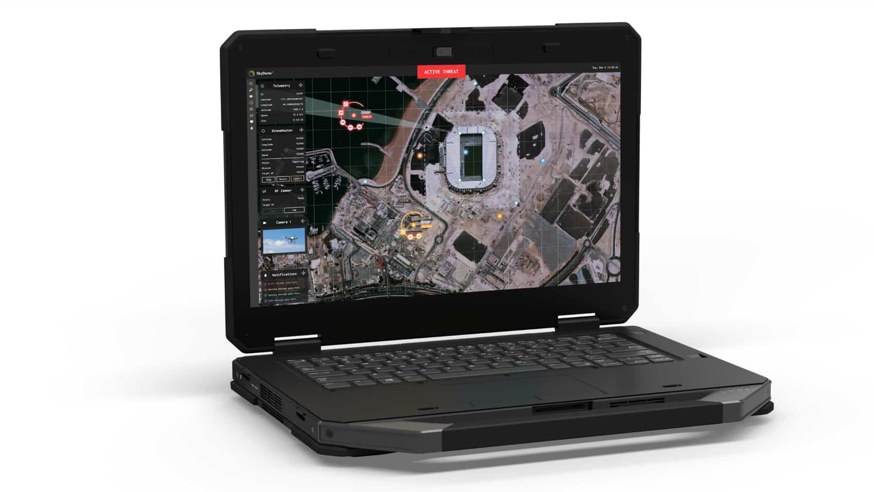 Rugged laptop running Fortem SkyDome Manager with a tracked target on a satellite map.