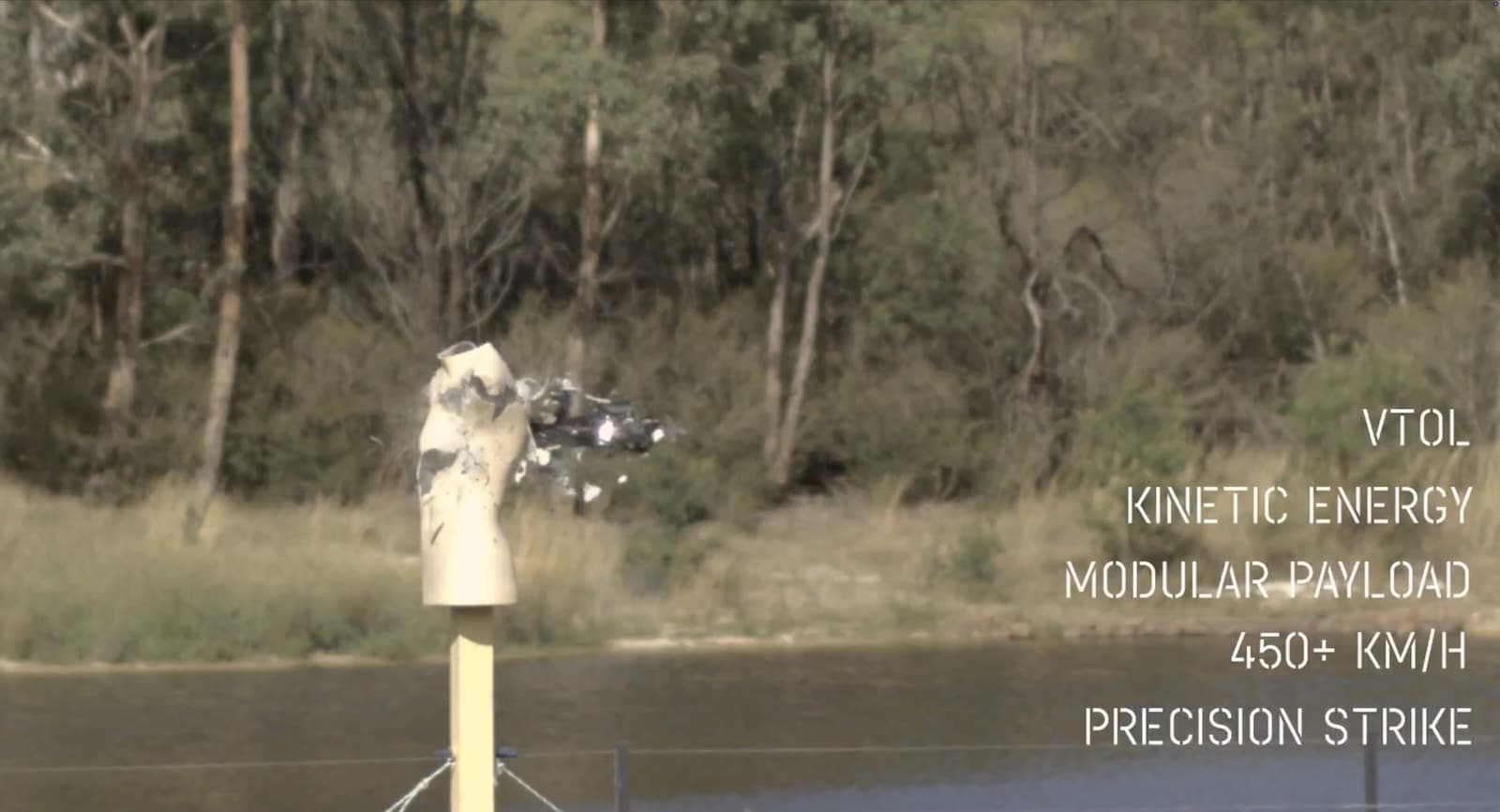 ShadowBreak Intl's Flying Sword drone destroys targets at 450 km/h through kinetic impact alone. No warhead. Fiber-optic guidance. Defense-only access.