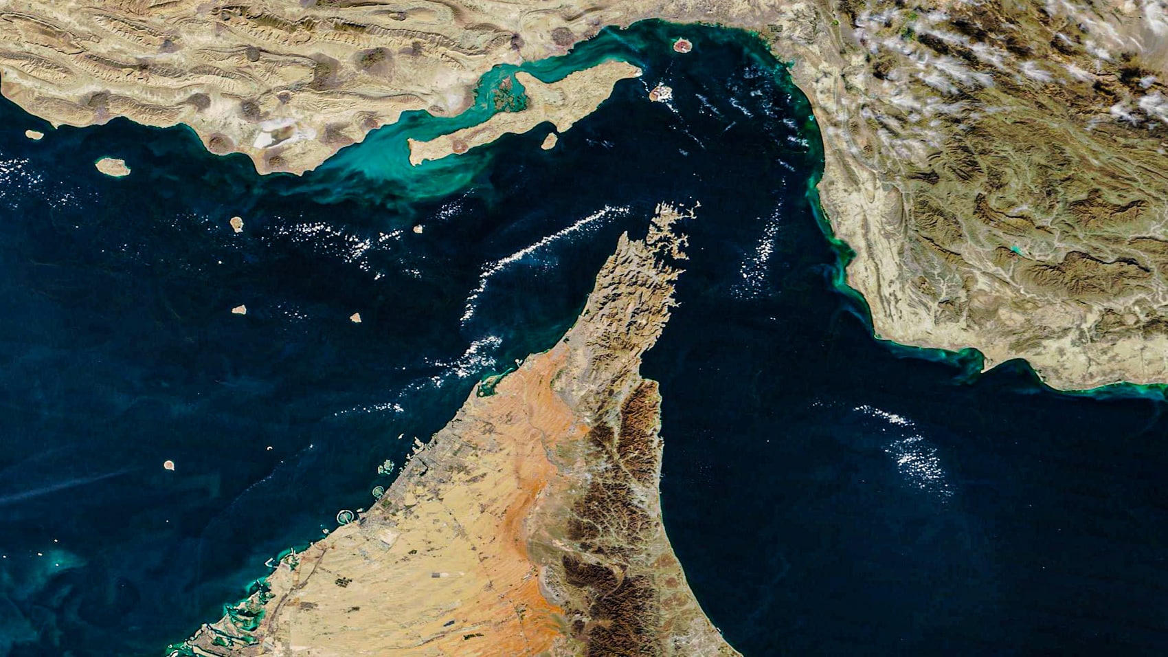 NASA MODIS satellite view of the Strait of Hormuz and the Musandam Peninsula.