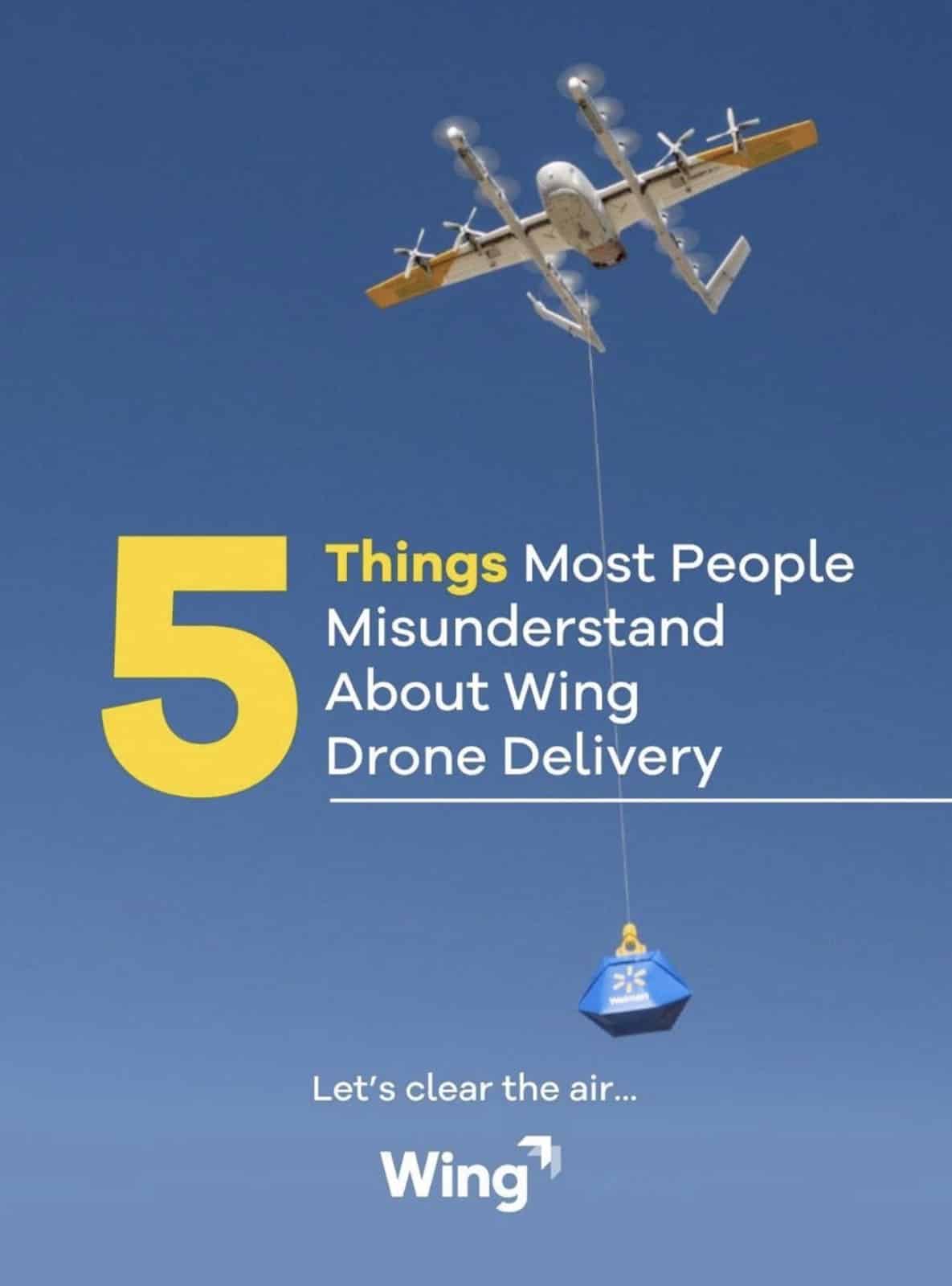 Wing graphic listing five drone delivery misconceptions above a package on a tether.