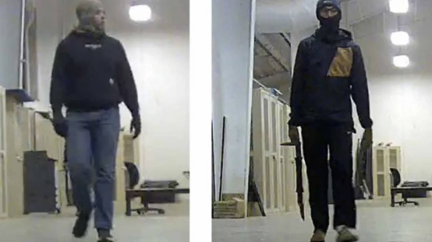 Surveillance stills of two masked individuals walking inside an Army battalion building.