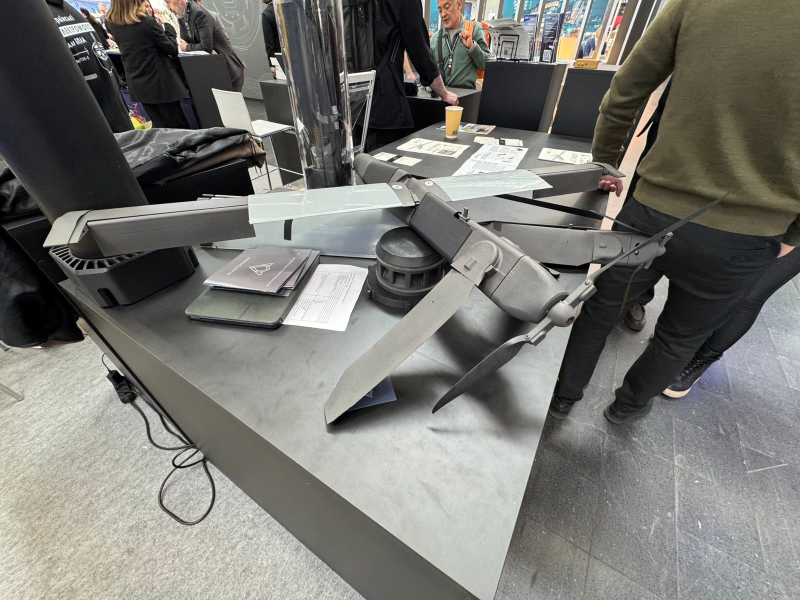 A Varta Dozor FPV interceptor displayed on the Brave1 stand table.