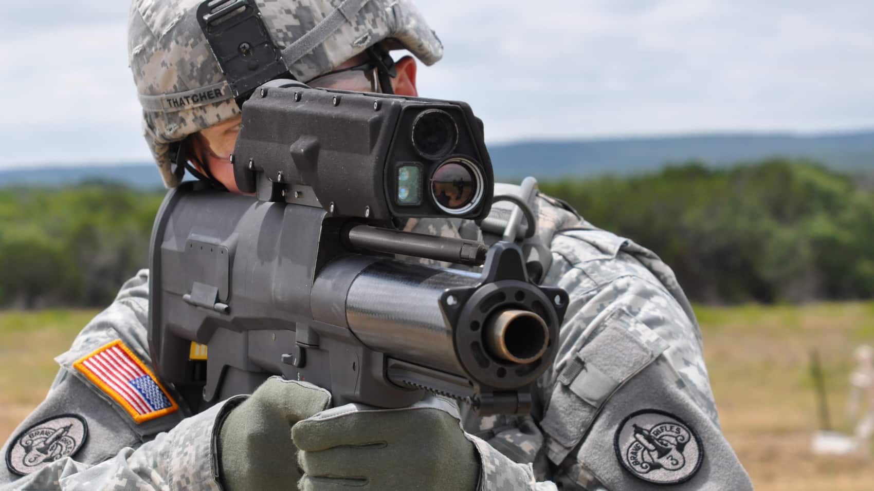 A soldier testing the XM25 Punisher airburst weapon, canceled in 2018.