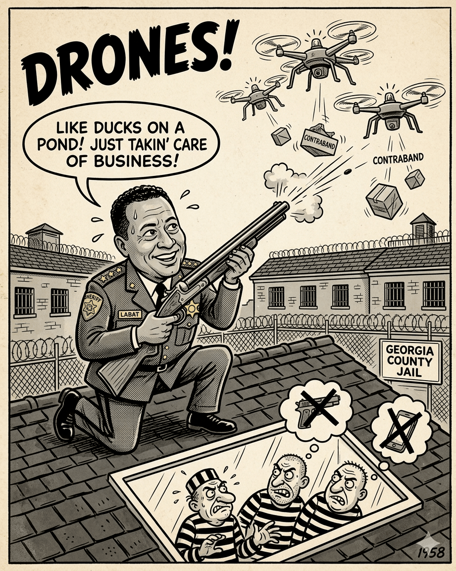 Cartoon of a sheriff on a jail roof shooting at contraband-carrying drones.