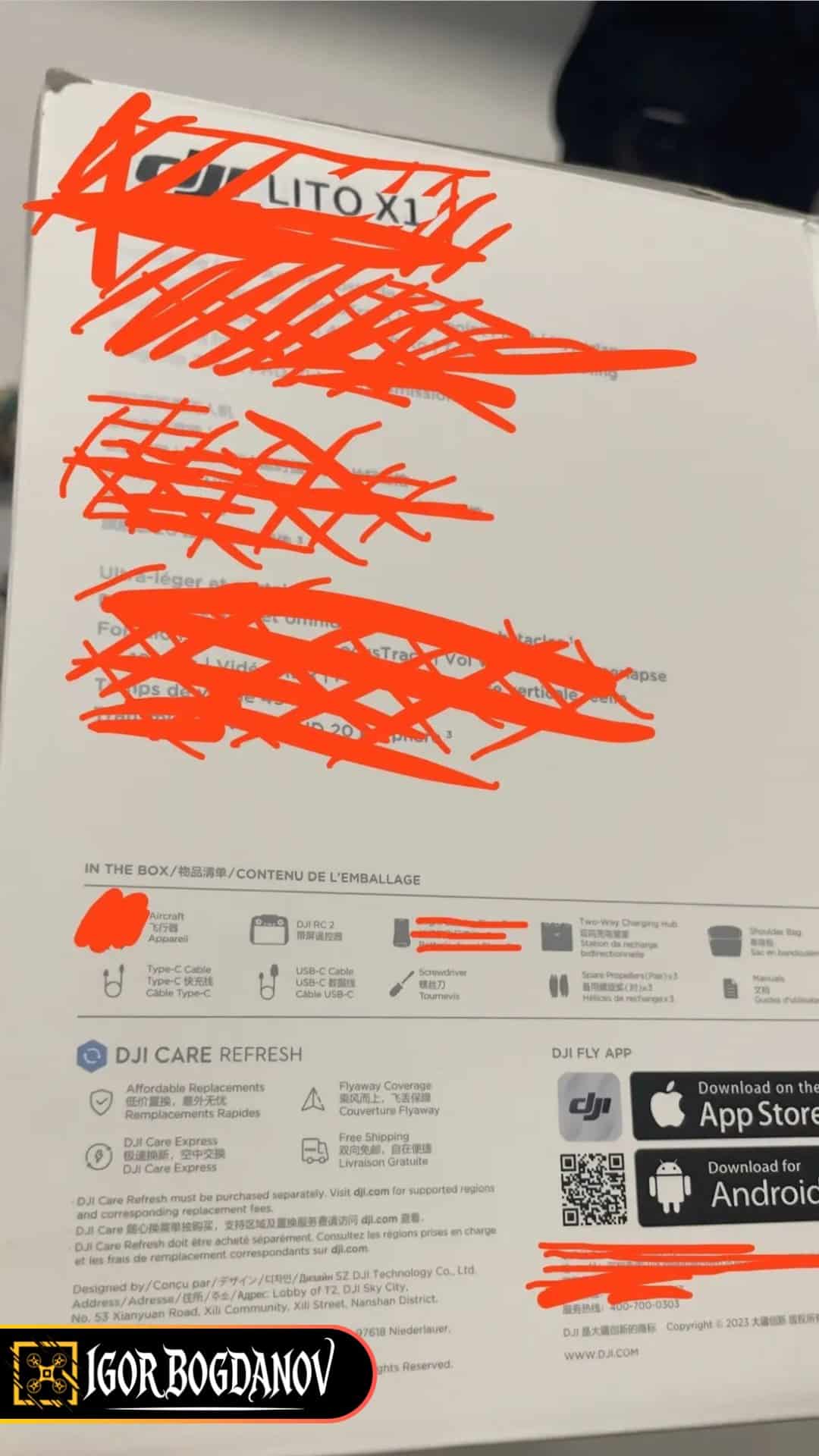 The back of a Lito X1 box, with most specifications heavily redacted.