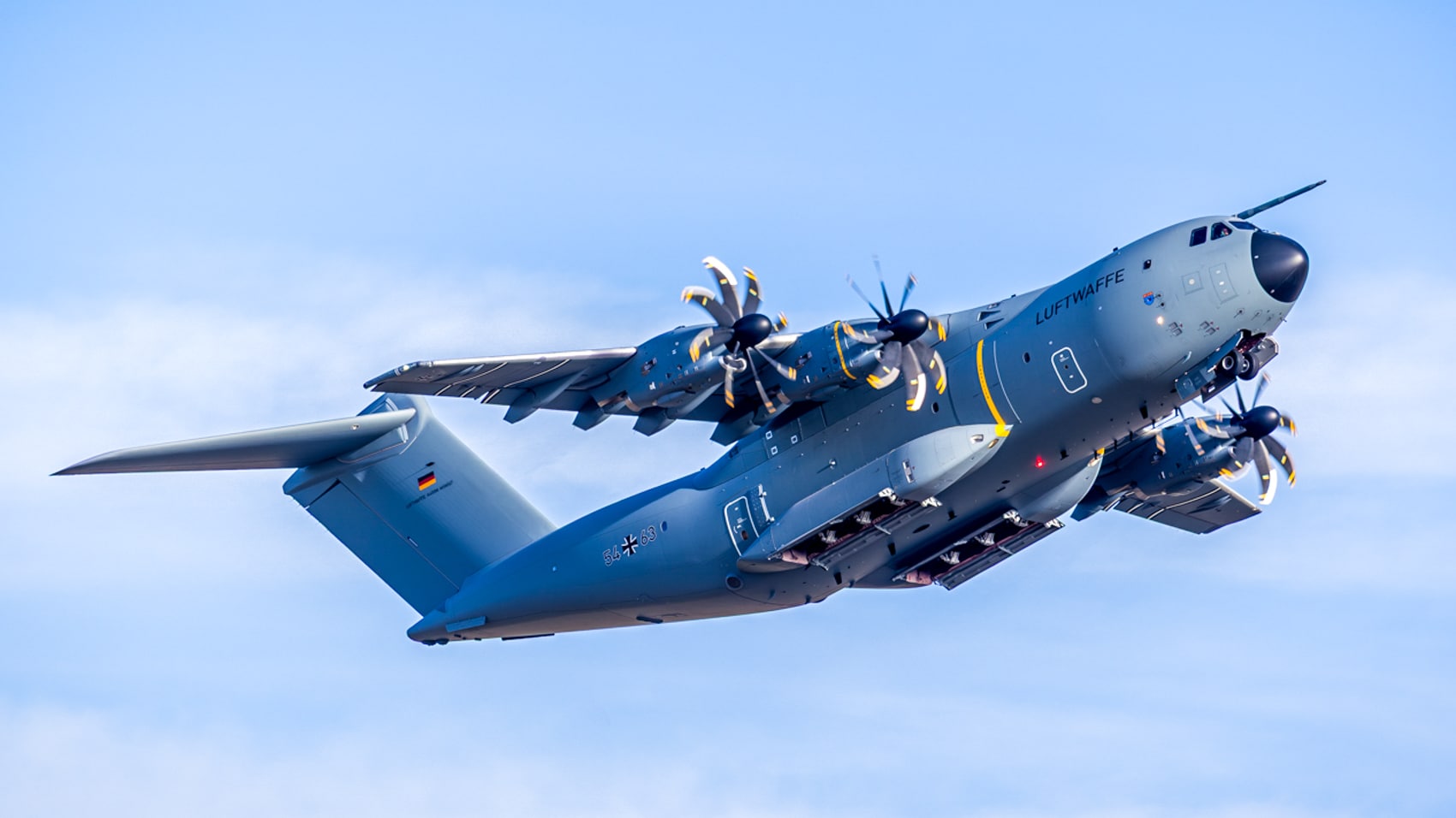 Palletized cruise missiles loaded inside the cargo bay of an Airbus A400M.