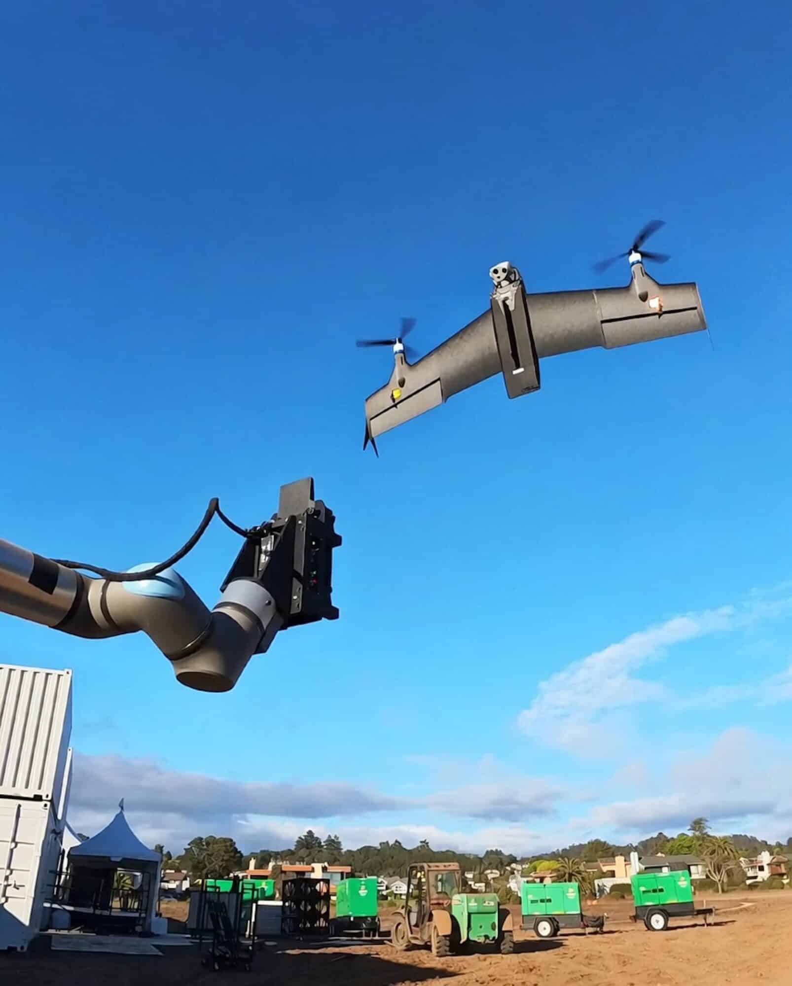 A Skydio drone in flight over a residential neighborhood during a response.