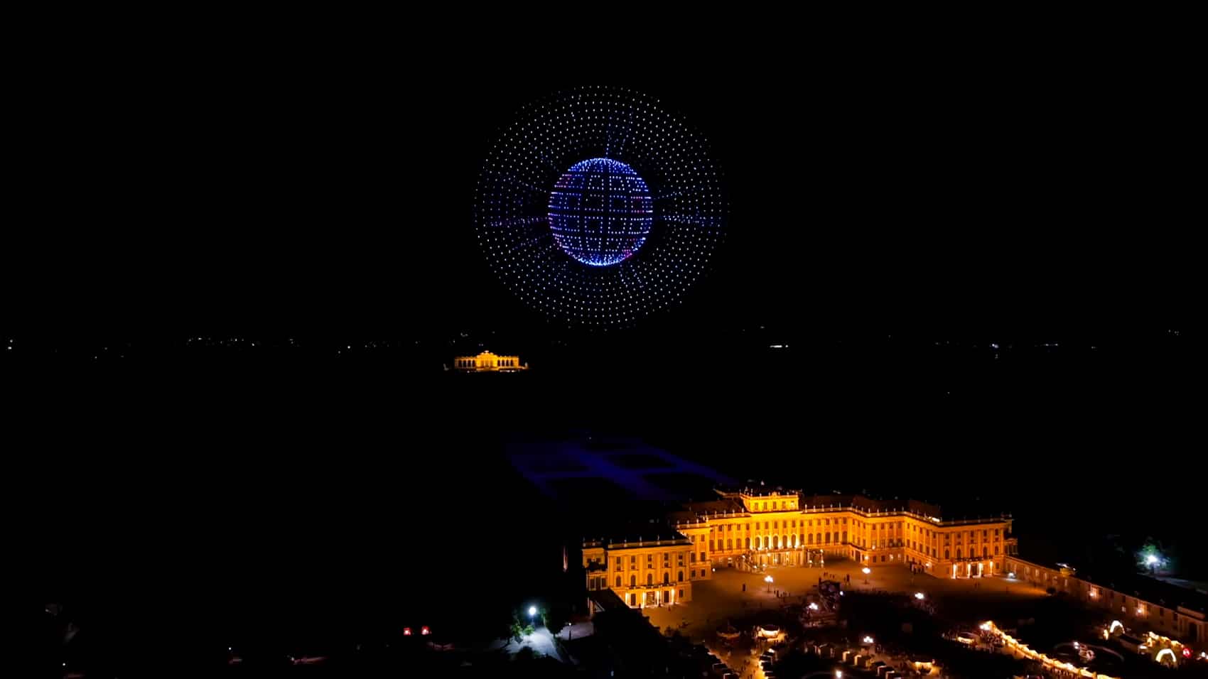 Cyberdrone swarm shaping the orchestral opening segment above the palace grounds.