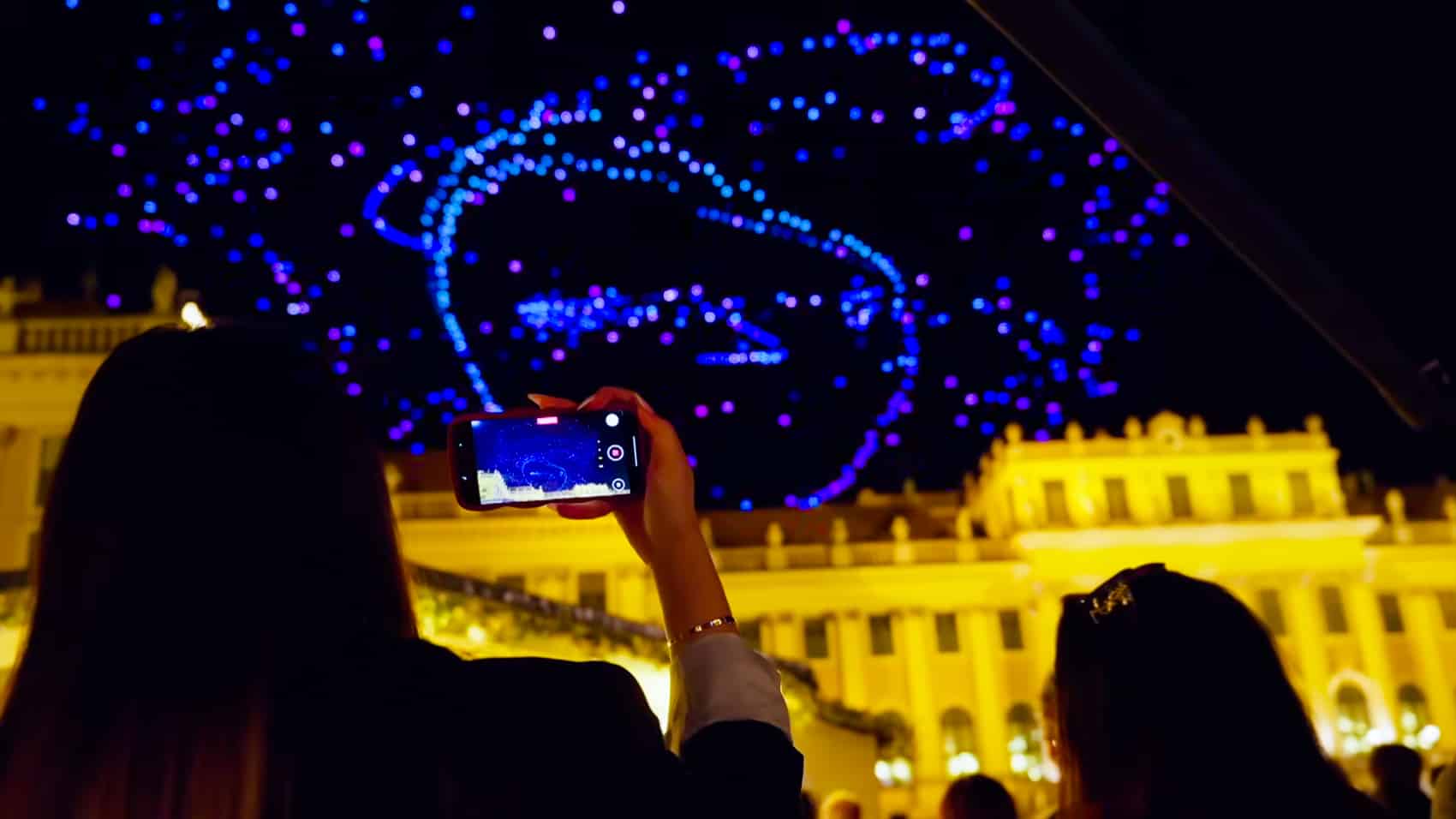 Aerial formation lighting the Vienna night sky during the 17-minute performance.