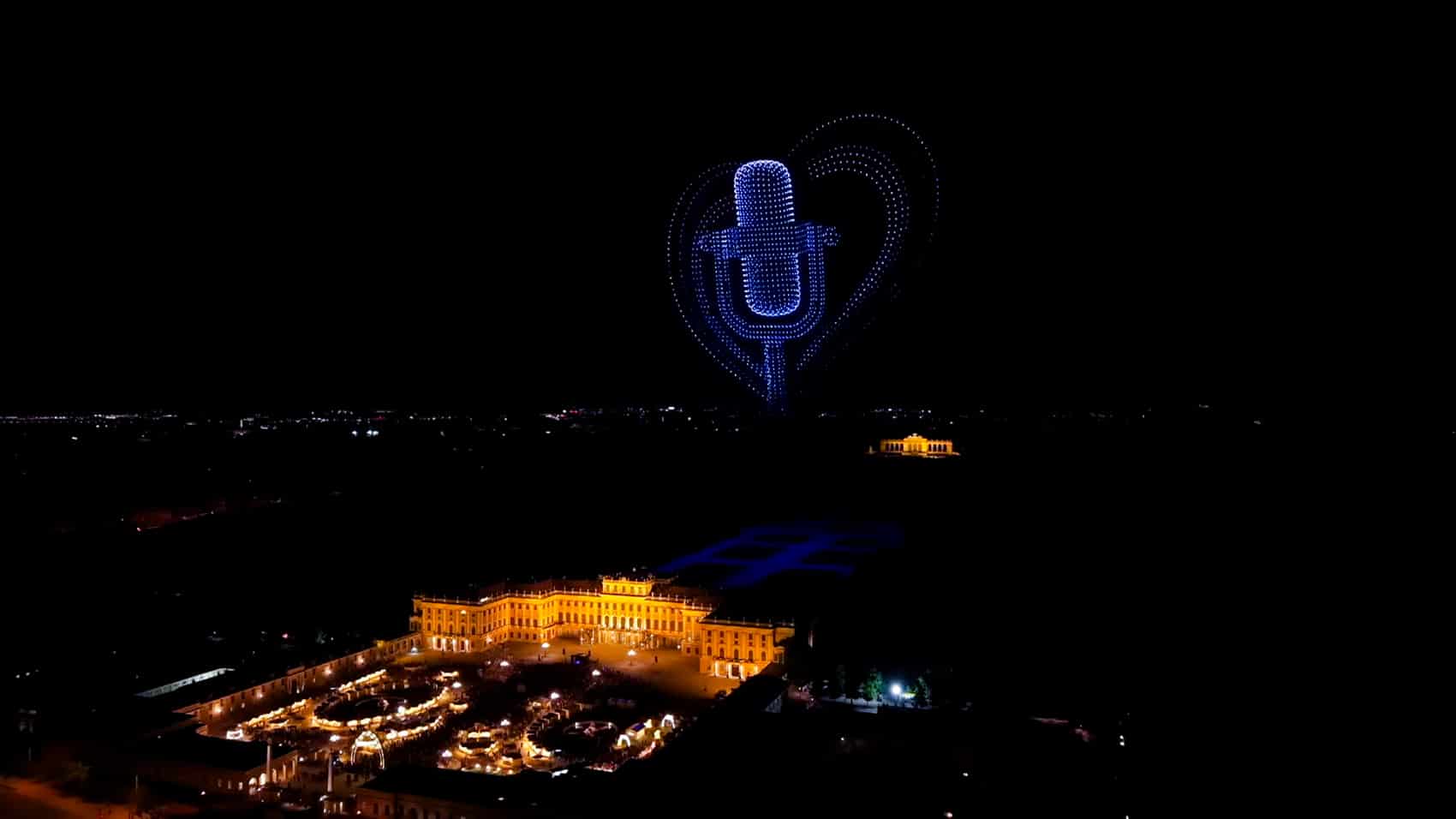 Three thousand drones glowing above Schonbrunn Palace for the Eurovision opening.