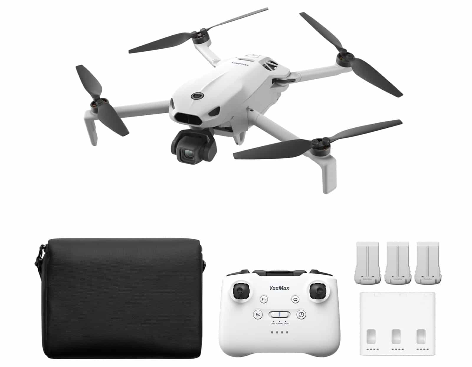 Product spread with the drone above its bag, controller, batteries and charging hub.