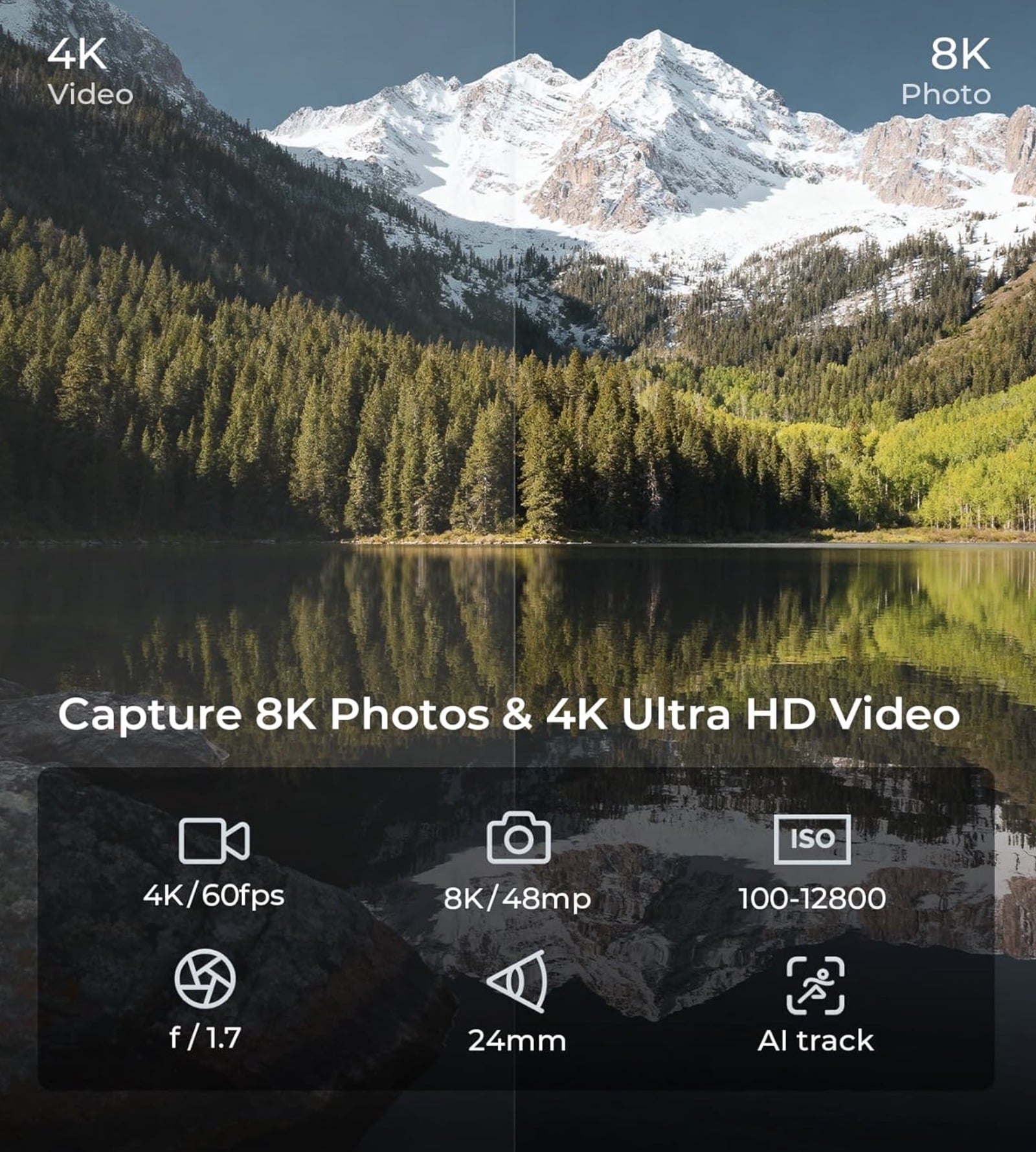 Marketing panel promising 8K photos and 4K video over a mountain lake scene.