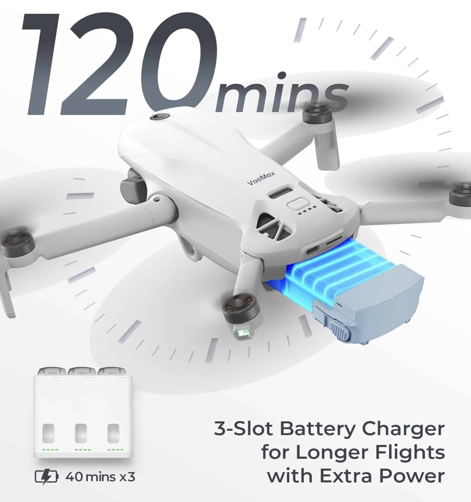 Graphic claiming 120 minutes of flight from a three-slot battery charging hub.