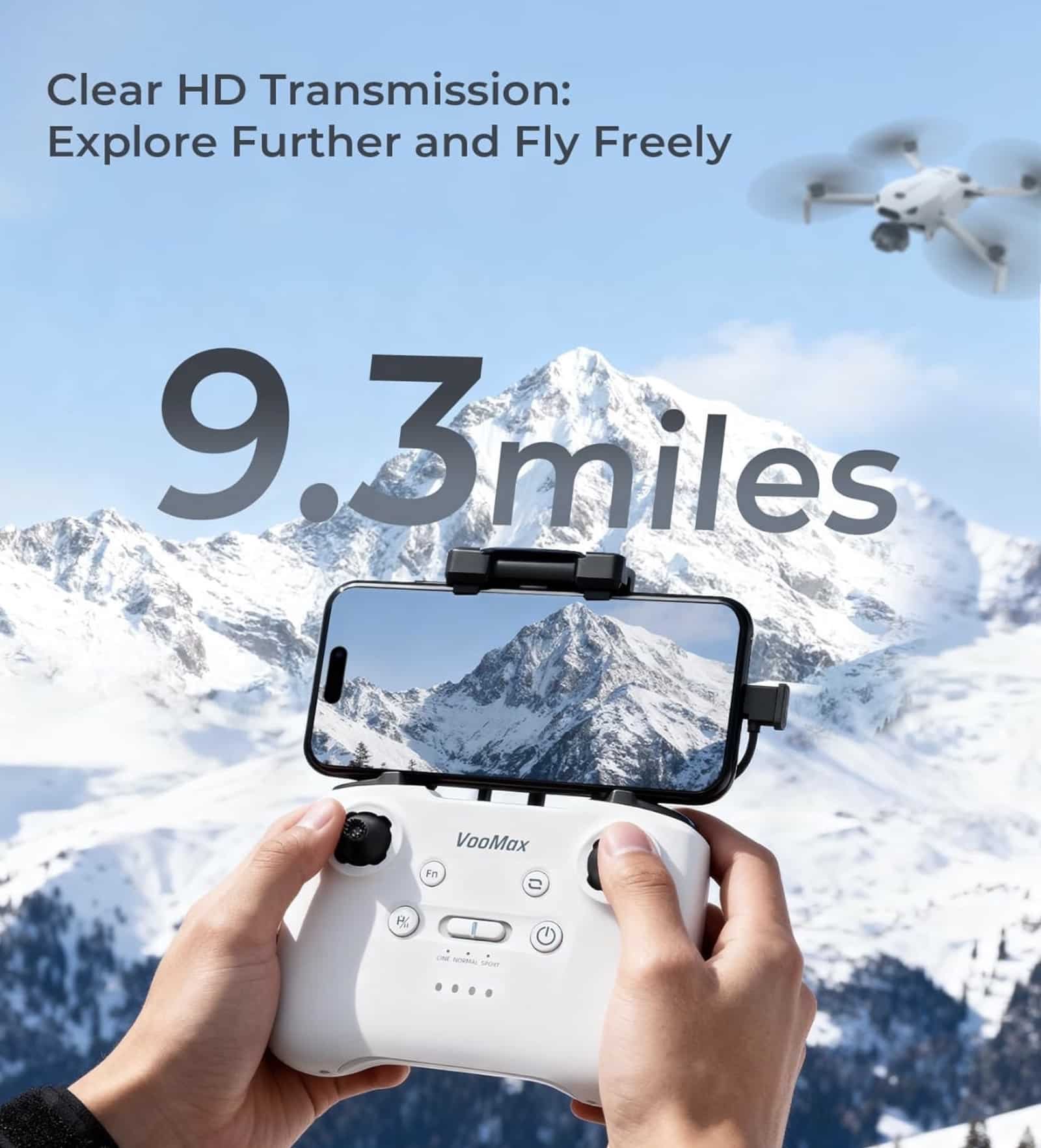 Promo art showing hands on the controller with a 9.3-mile transmission claim.