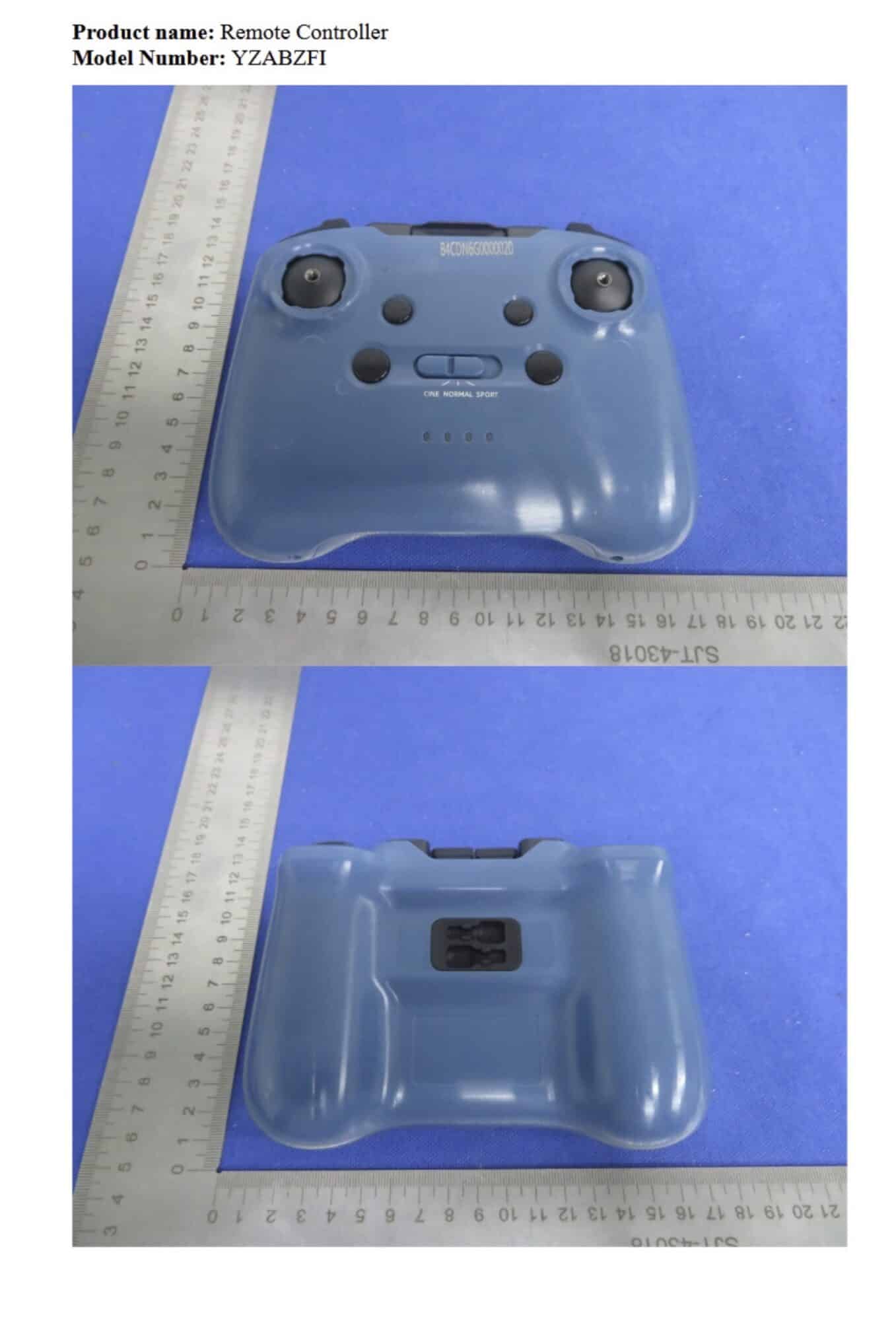FCC filing page for remote controller model YZABZFI measured against metal rulers.