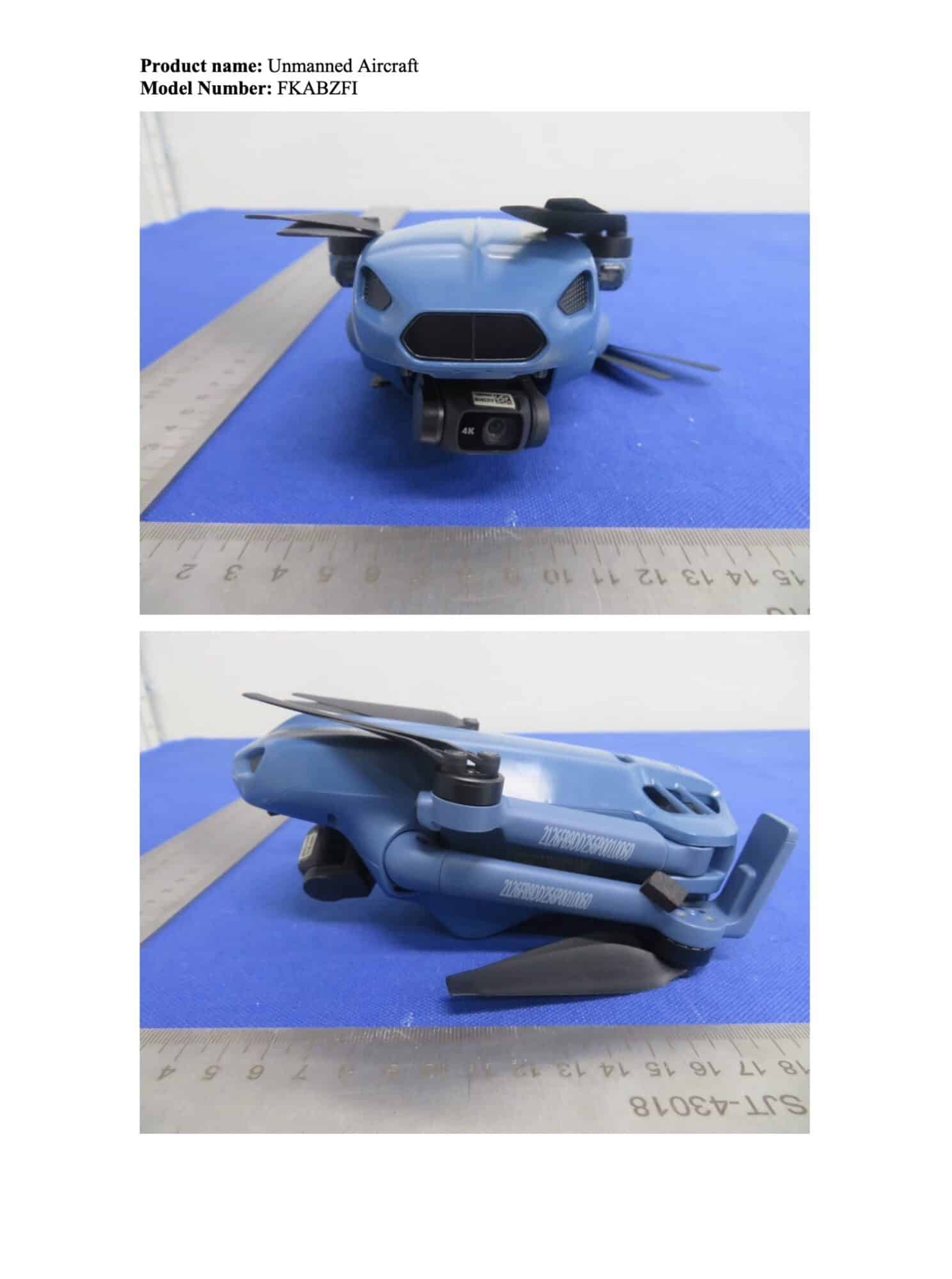 Filing page showing the drone head-on with its gimbal camera exposed.