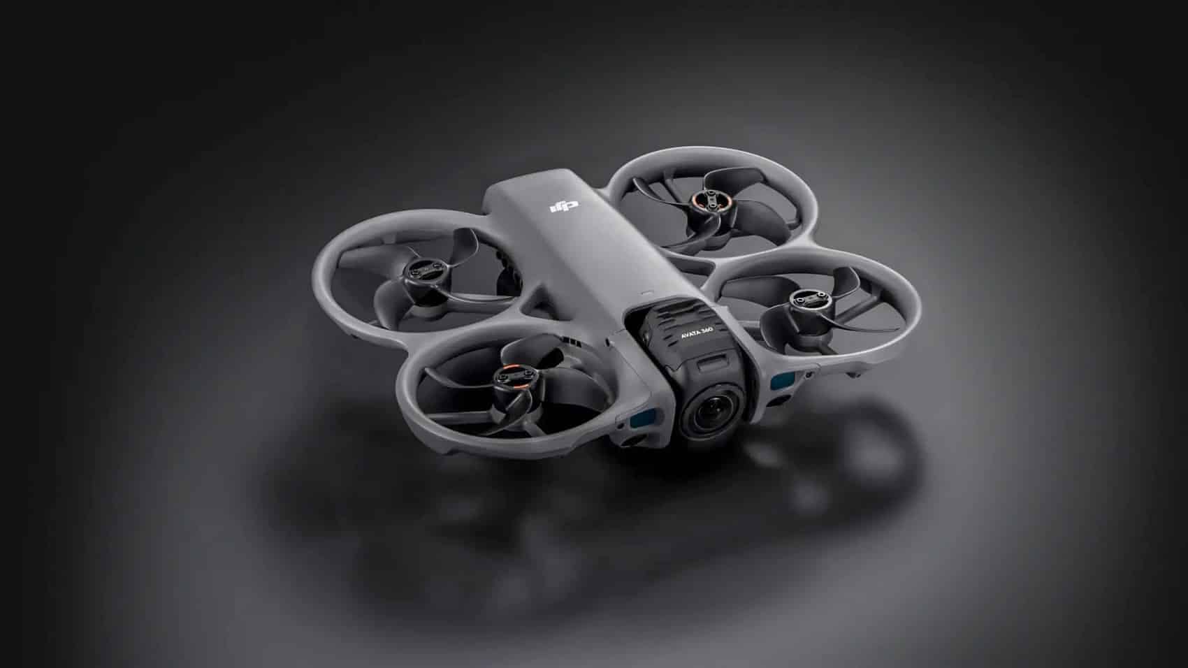 DJI Avata 360 cinewhoop with ducted propellers shown against a dark backdrop.