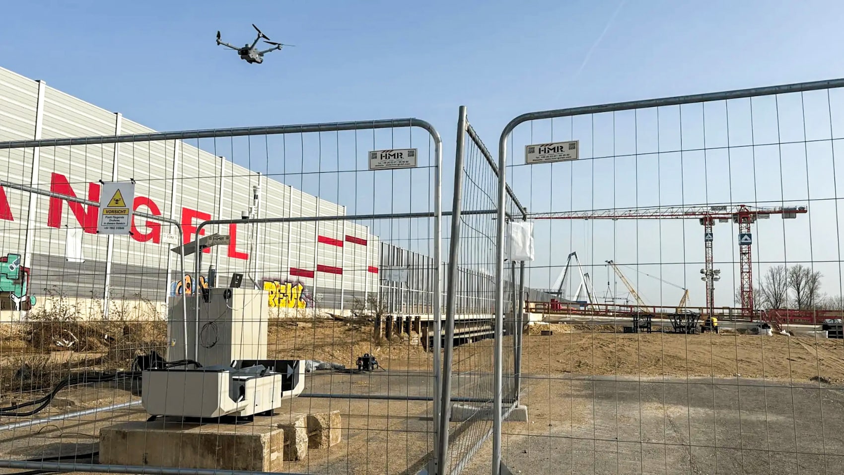 A DJI Dock 2 installed at the Rheinbrücke Leverkusen bridge construction site.