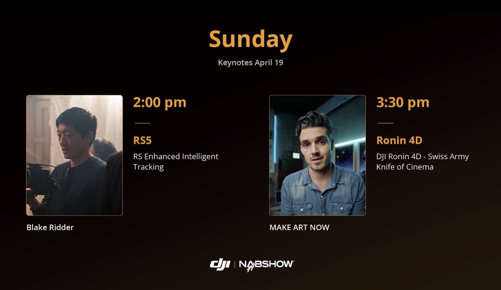 DJI schedule card for Sunday keynotes with two speaker portraits and times.