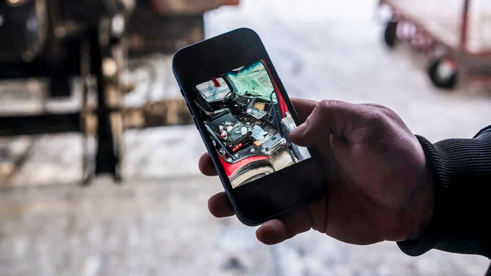 Gloved hand holding a phone showing a photo of a wrecked truck cab.