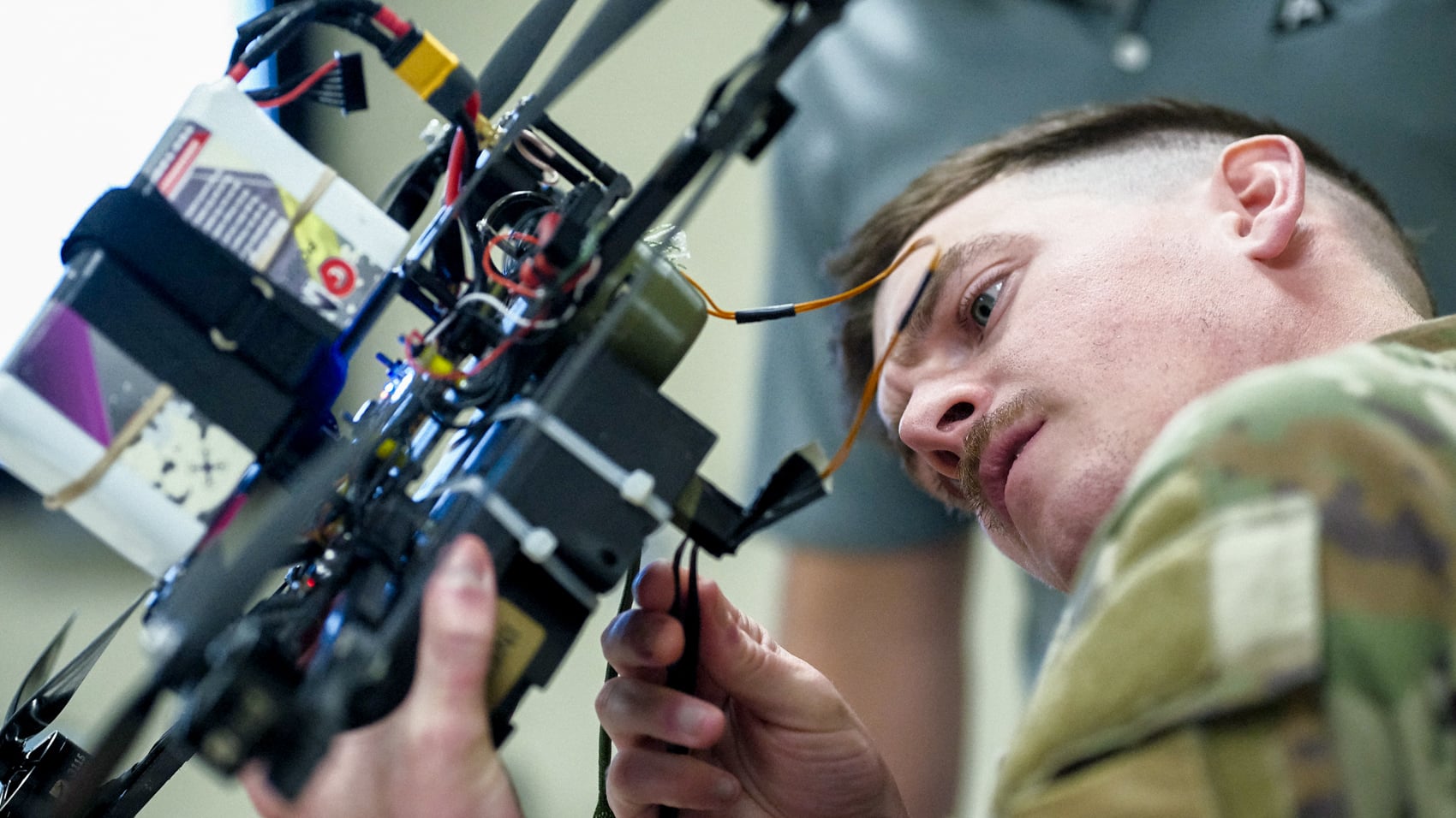 Soldiers of Delta Company, 1st Brigade Engineer Battalion launch a one-way strike drone.