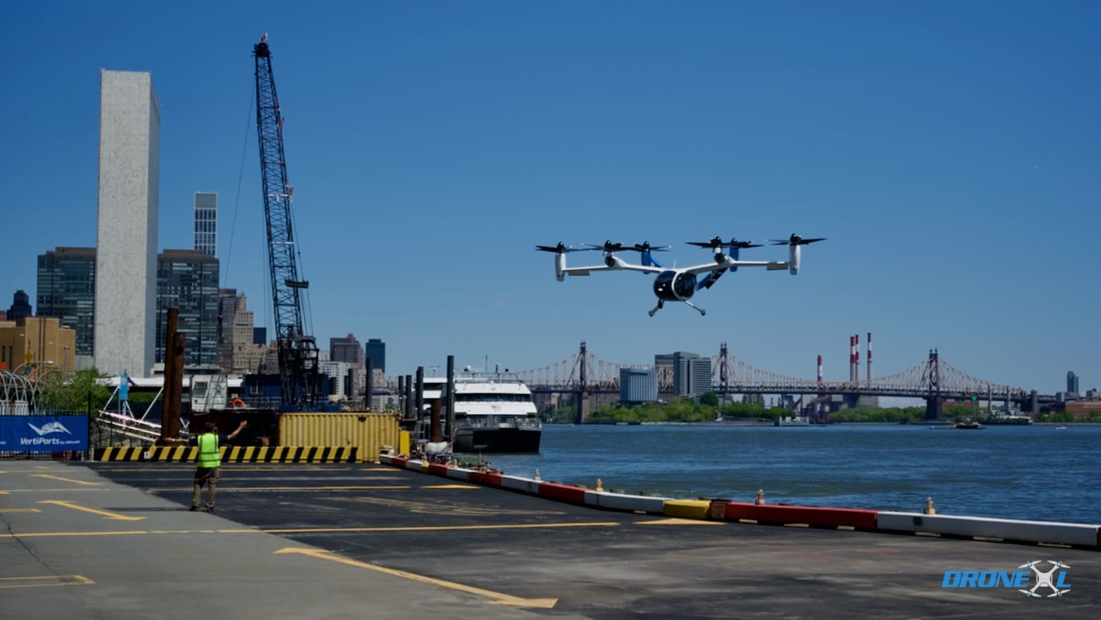 Joby air taxi N545JX on the pad at the East 34th Street Heliport in Manhattan.