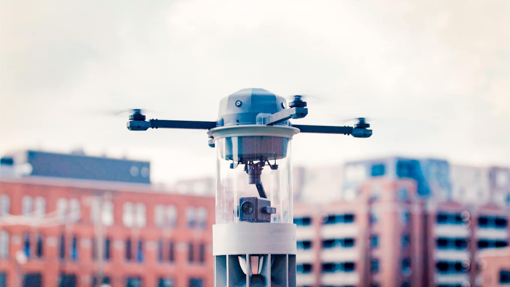 Birdstop drone operating over a Detroit truck stop under the Michigan Mobility Funding Platform.