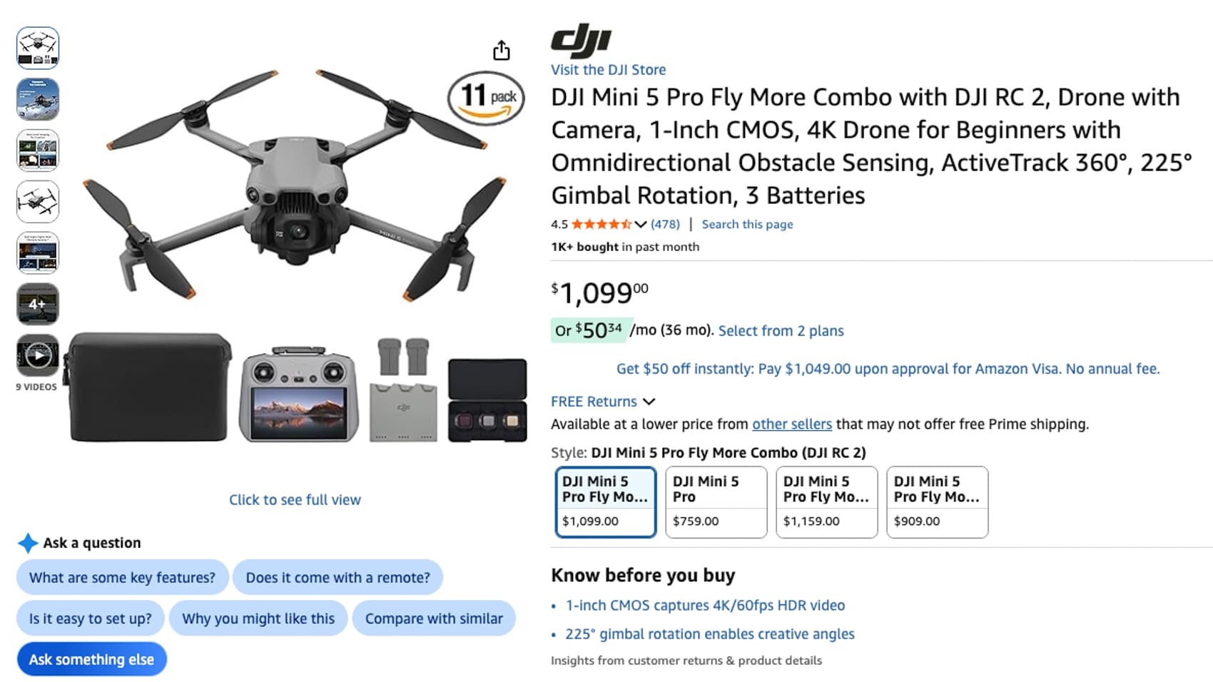 Screenshot of an Amazon listing for the DJI Mini 5 Pro Fly More Combo.