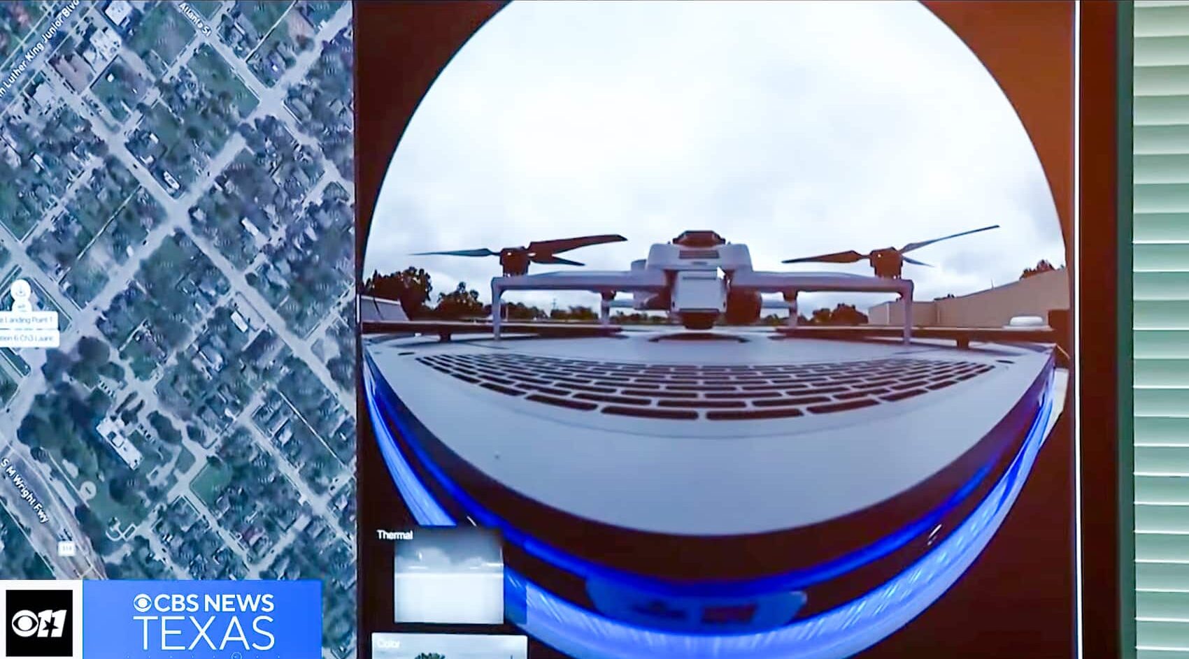 News split screen pairing a map with a rooftop dock camera showing a Skydio drone.