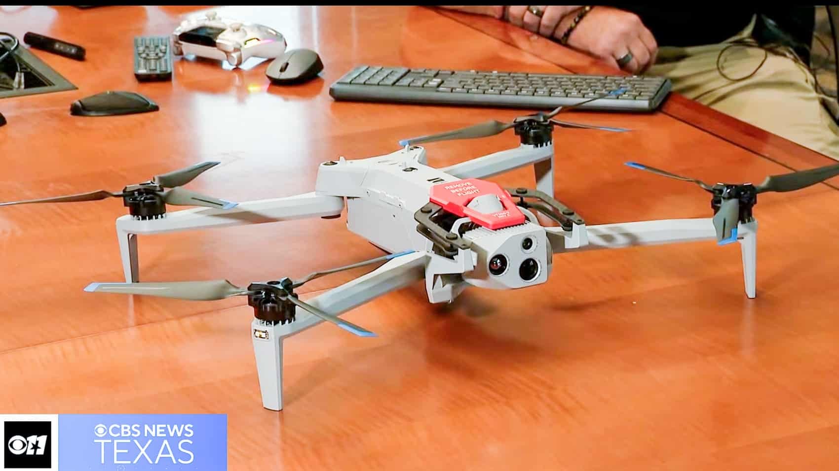 A Skydio drone launching from a Dallas Fire-Rescue station rooftop dock.