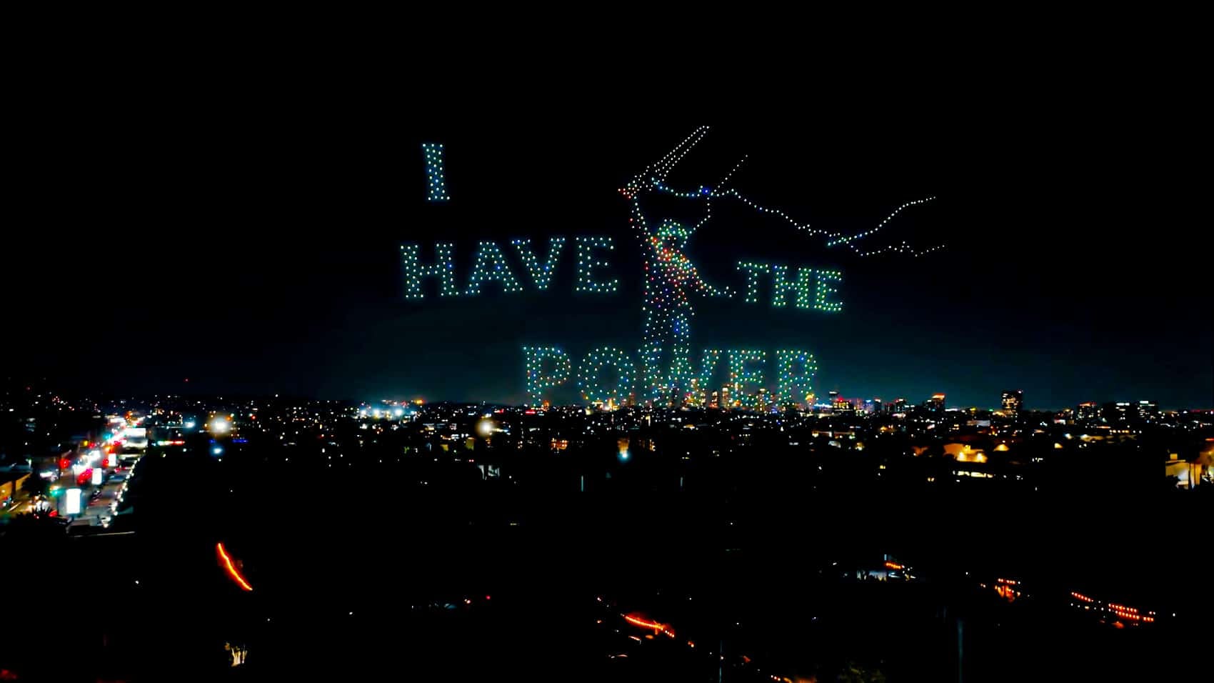 Aerial artwork from the 10-minute Amazon MGM and Mattel drone display.