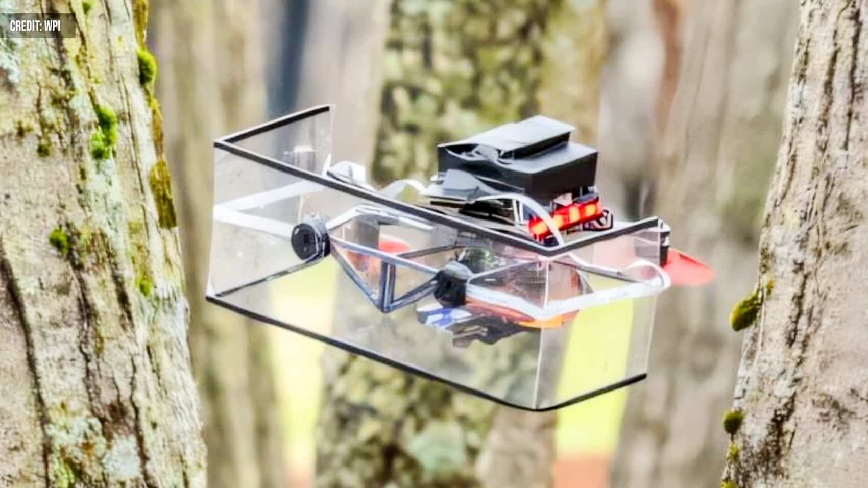 Close view of the 6-inch (15 cm) X-frame drone carrying its ultrasound sensor array.