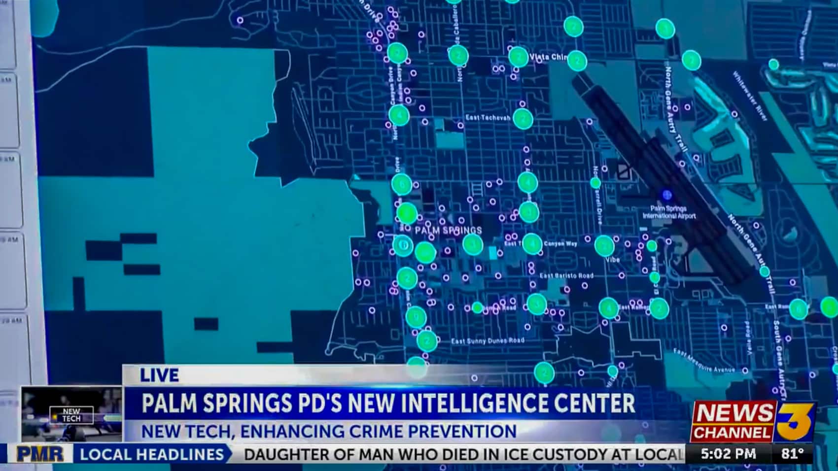 Live aerial video from a patrol flight on the intelligence center monitors.
