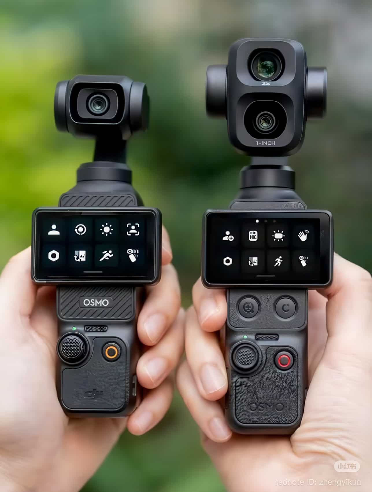 Two hands holding Osmo Pocket cameras, one fitted with a dual-lens head.