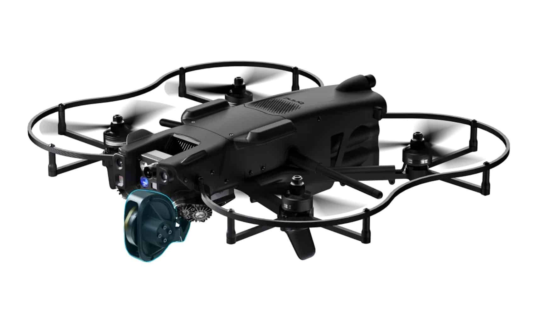 The BRINC Lemur 2 indoor drone with its glass-breaking tool and protective cage.
