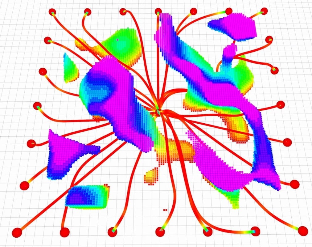 Planner visualization with red trajectories fanning from a center point across a voxel map.
