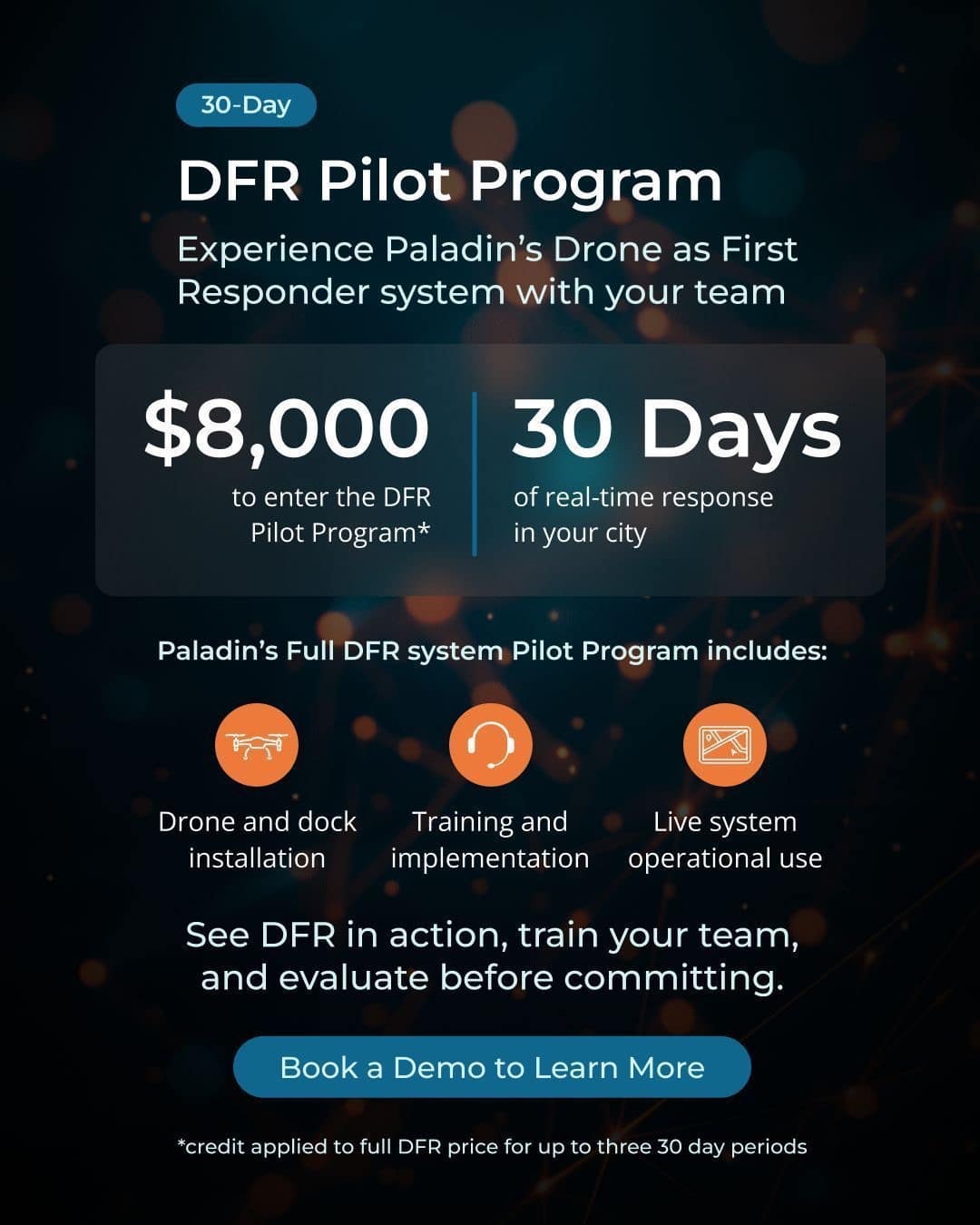 Marketing graphic pricing a 30-day Drone as First Responder trial at $8,000.